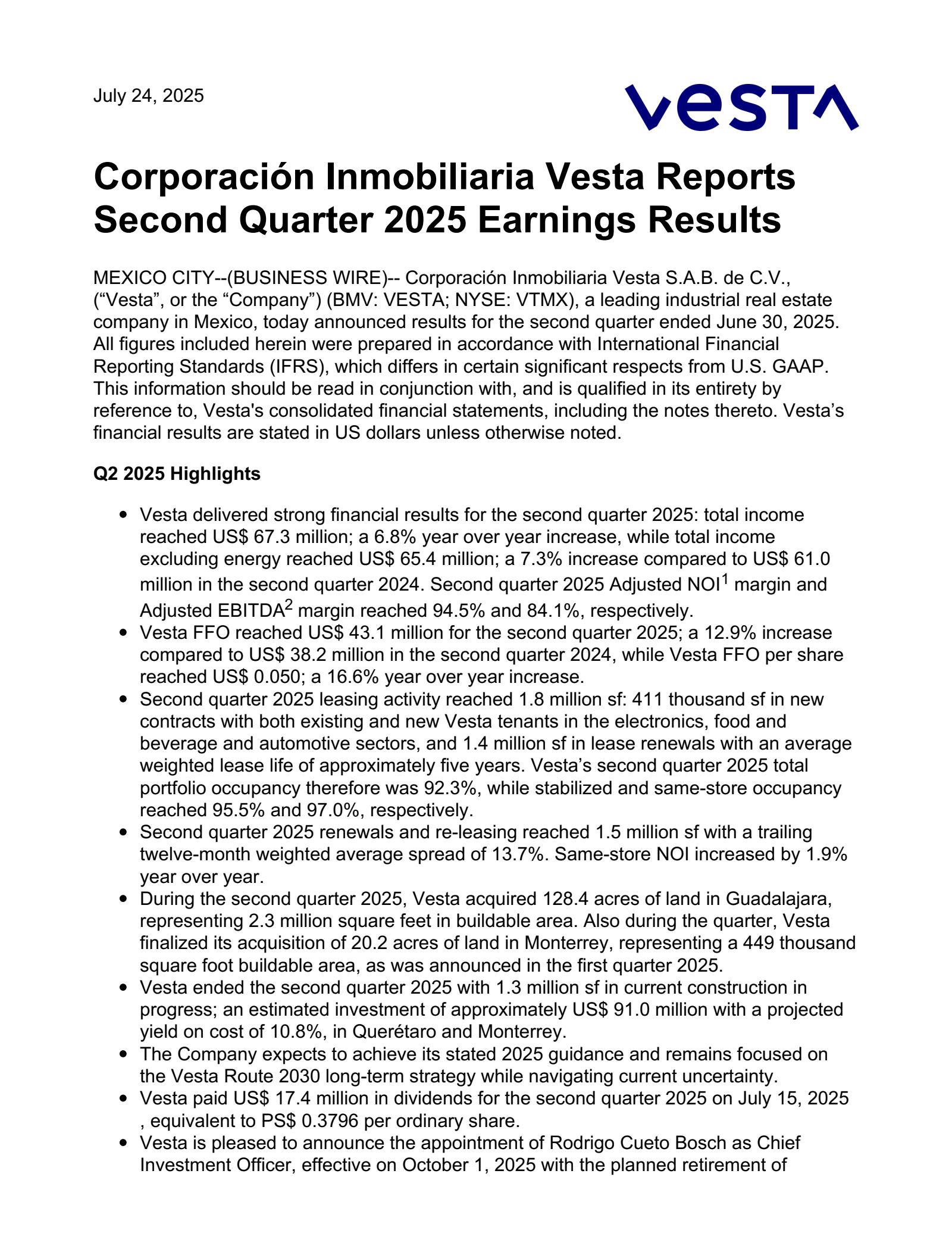 Corporacion Inmobiliaria Vesta's Q2 2025 Press Release