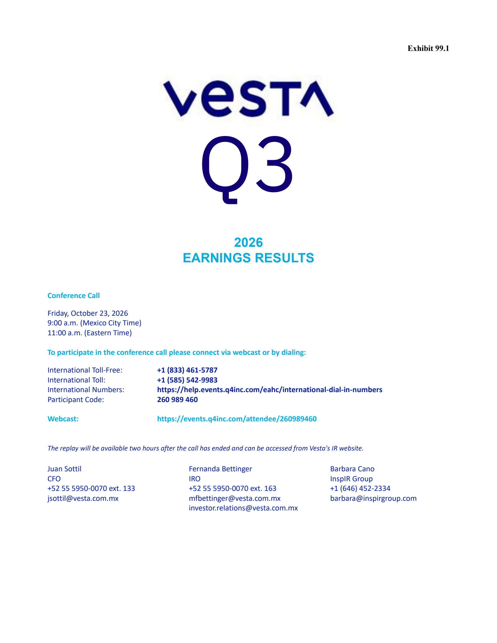 Corporacion Inmobiliaria Vesta's Q3 2026 Press Release