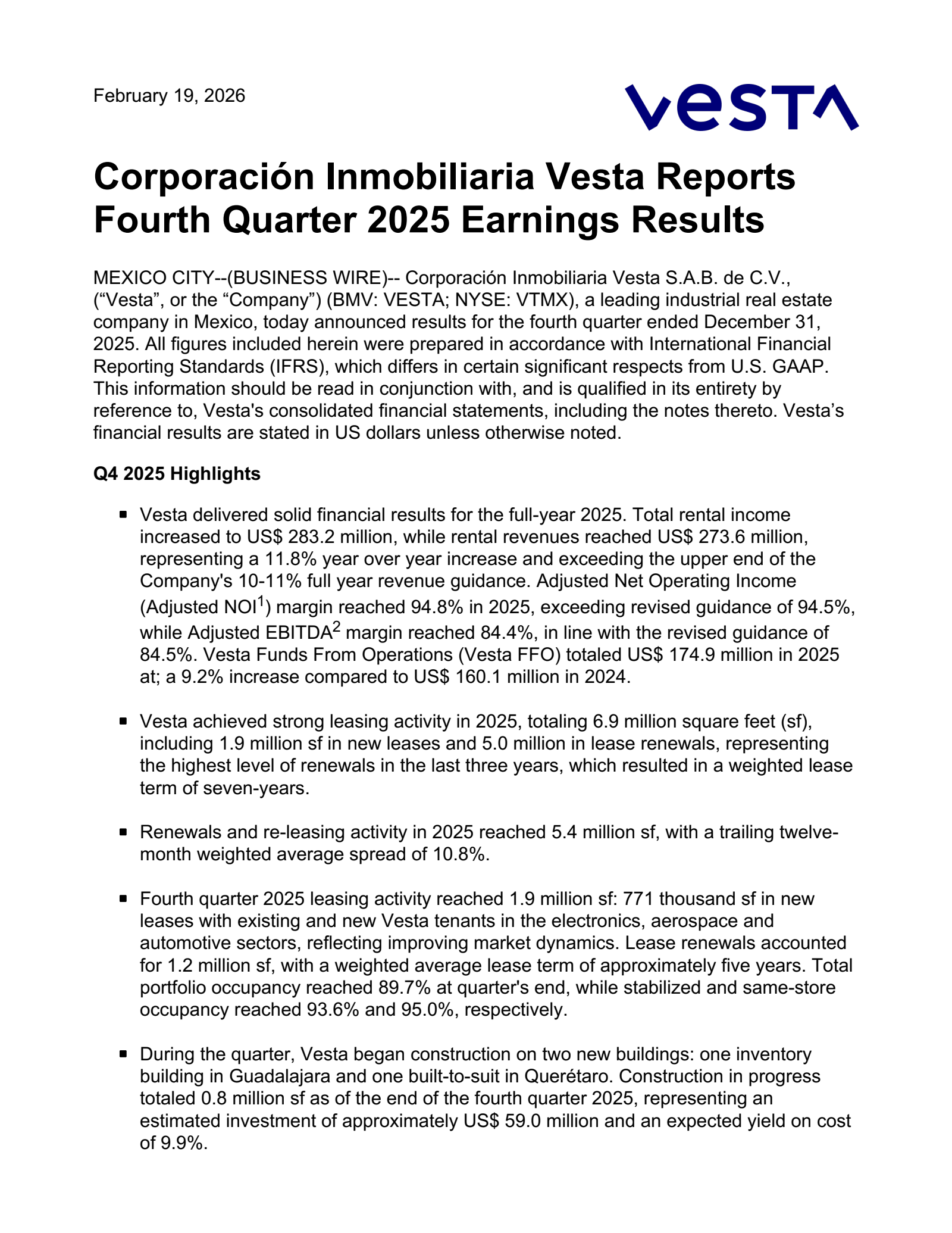 Corporacion Inmobiliaria Vesta's Q4 2025 Press Release