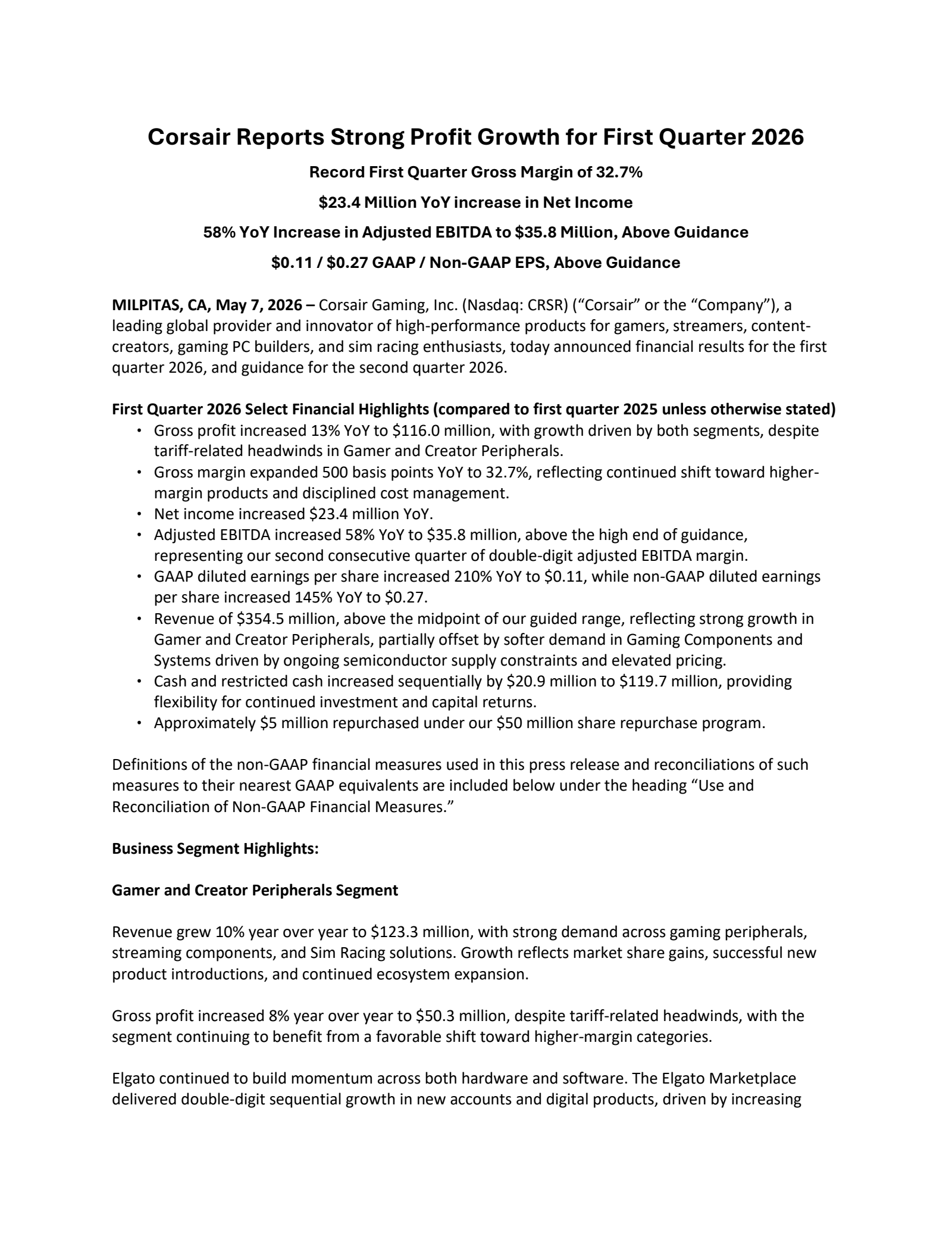 Corsair Gaming's Q1 2026 Press Release