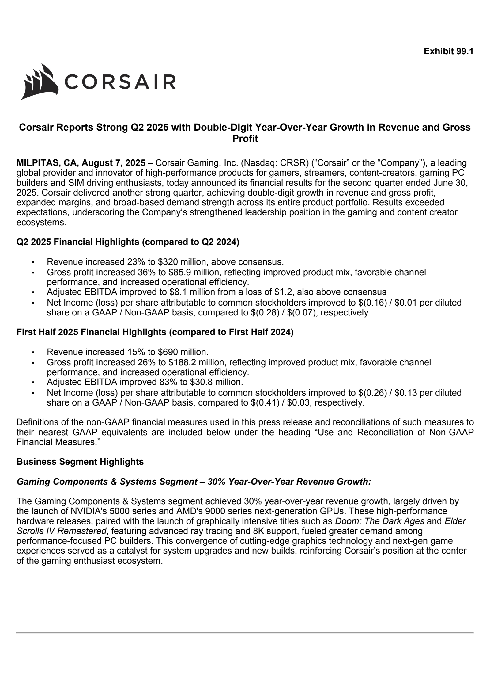 Corsair Gaming's Q2 2025 Press Release
