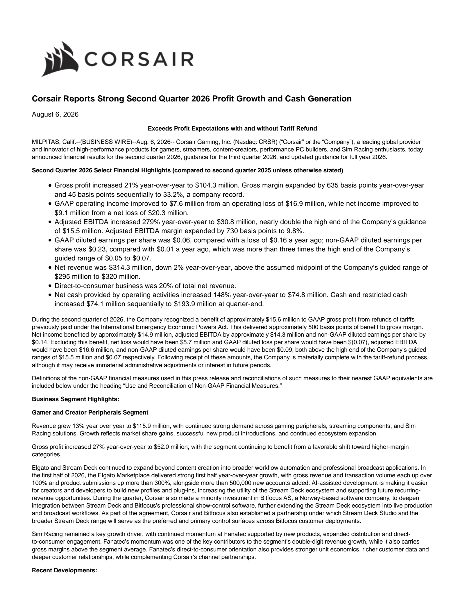 Corsair Gaming's Q2 2026 Press Release