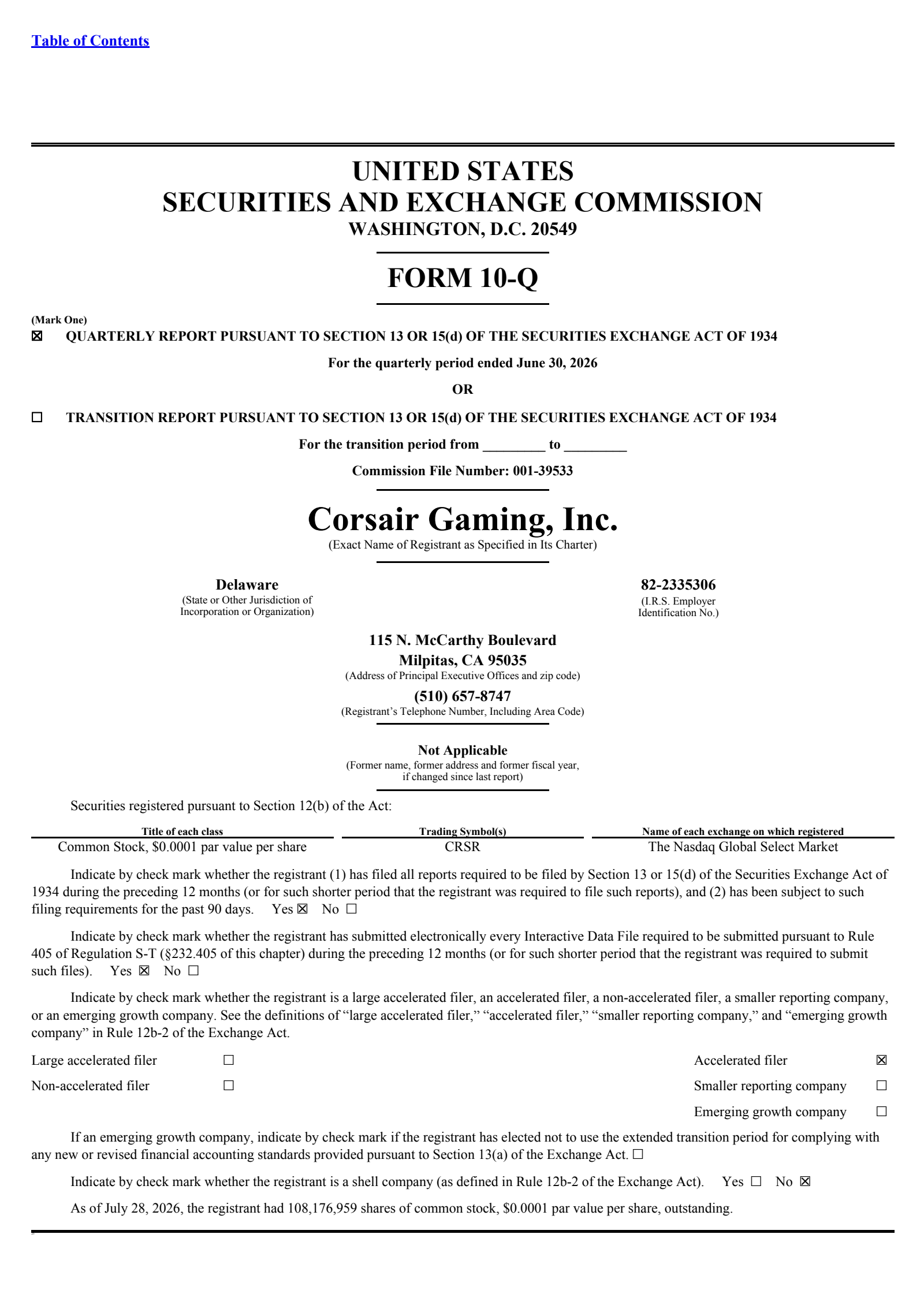 Corsair Gaming's Q2 2026 Quarterly report