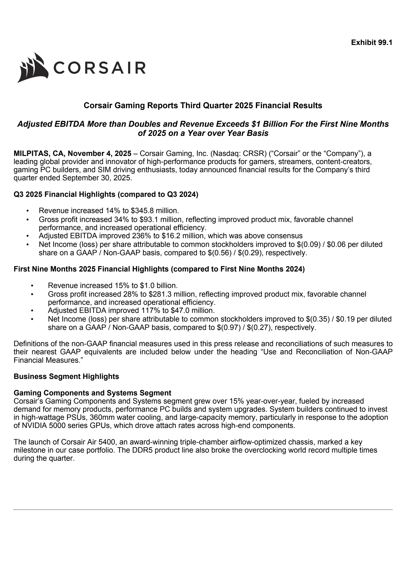Corsair Gaming's Q3 2025 Earnings Release