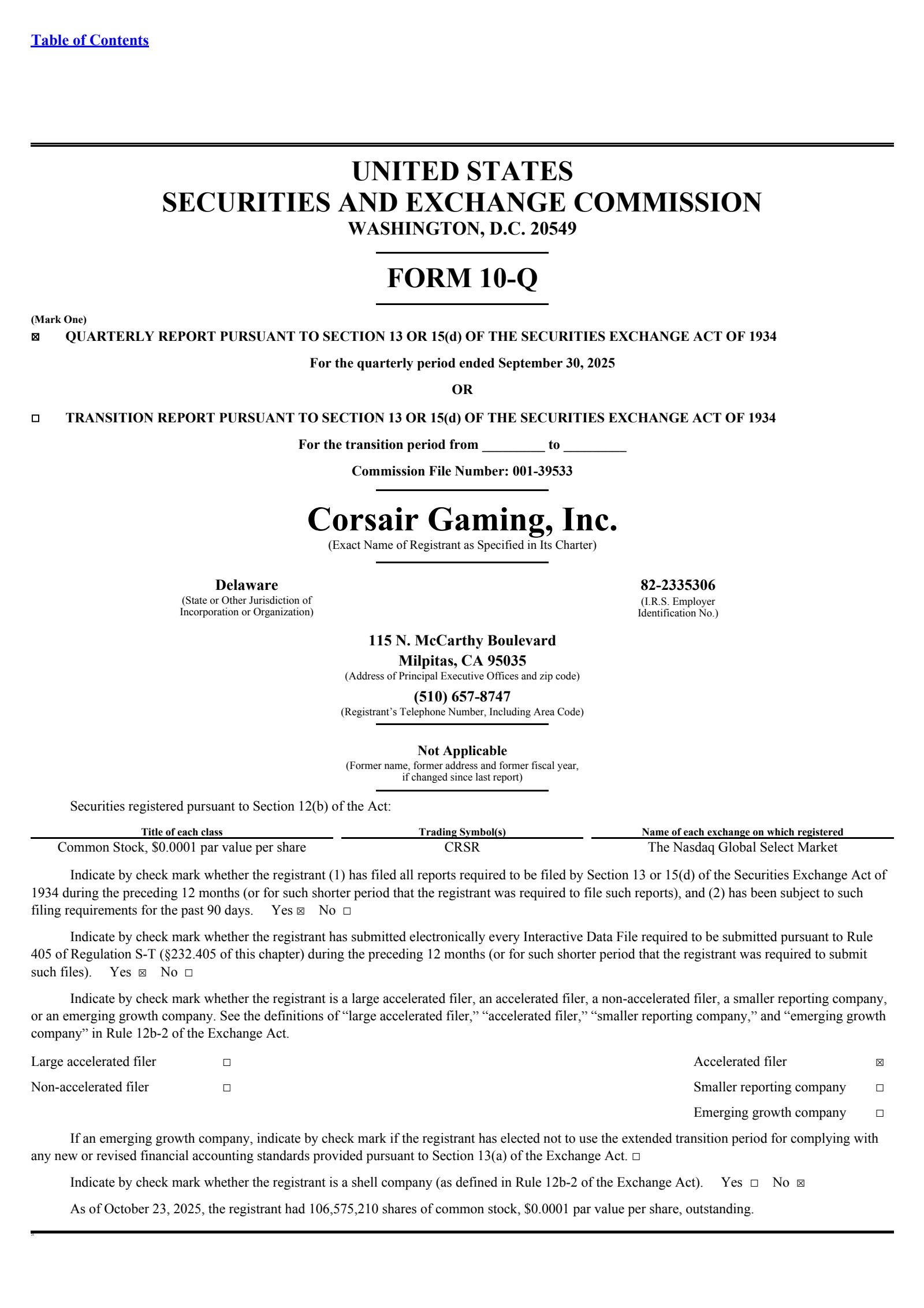 Corsair Gaming's Q3 2025 Quarterly Report