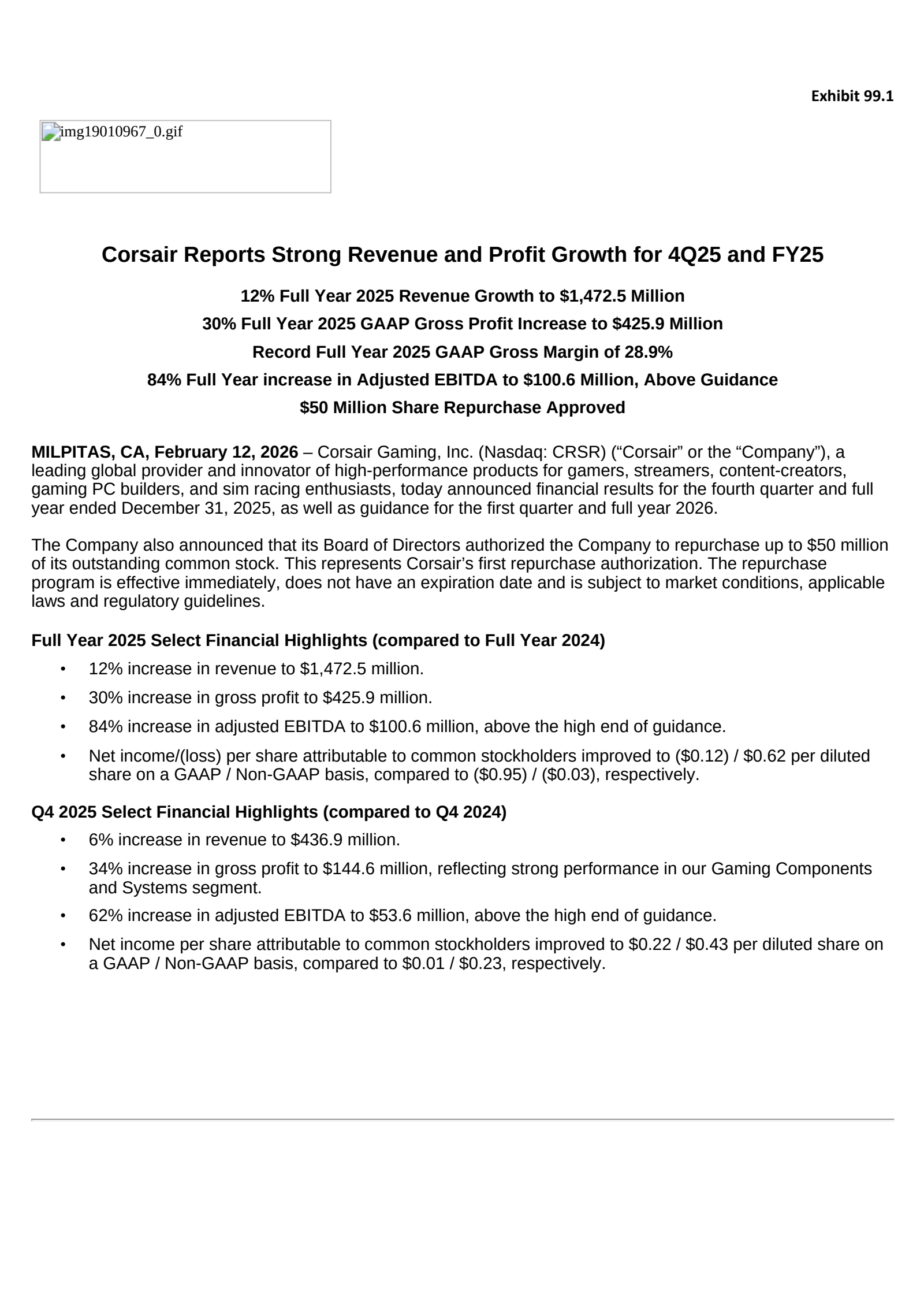 Corsair Gaming's Q4 2025 Press Release