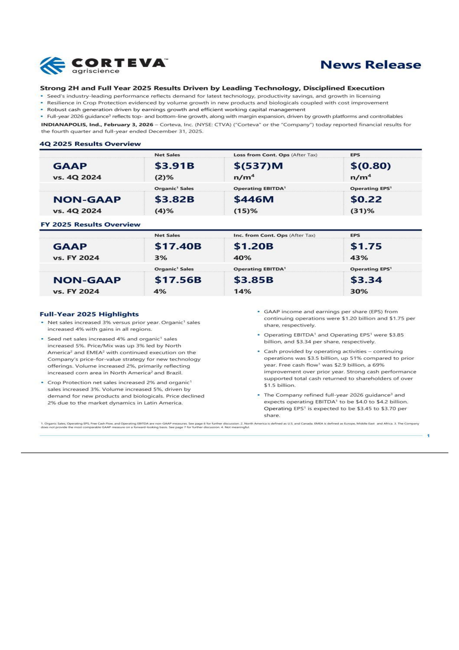 Corteva's Q4 2025 Press Release