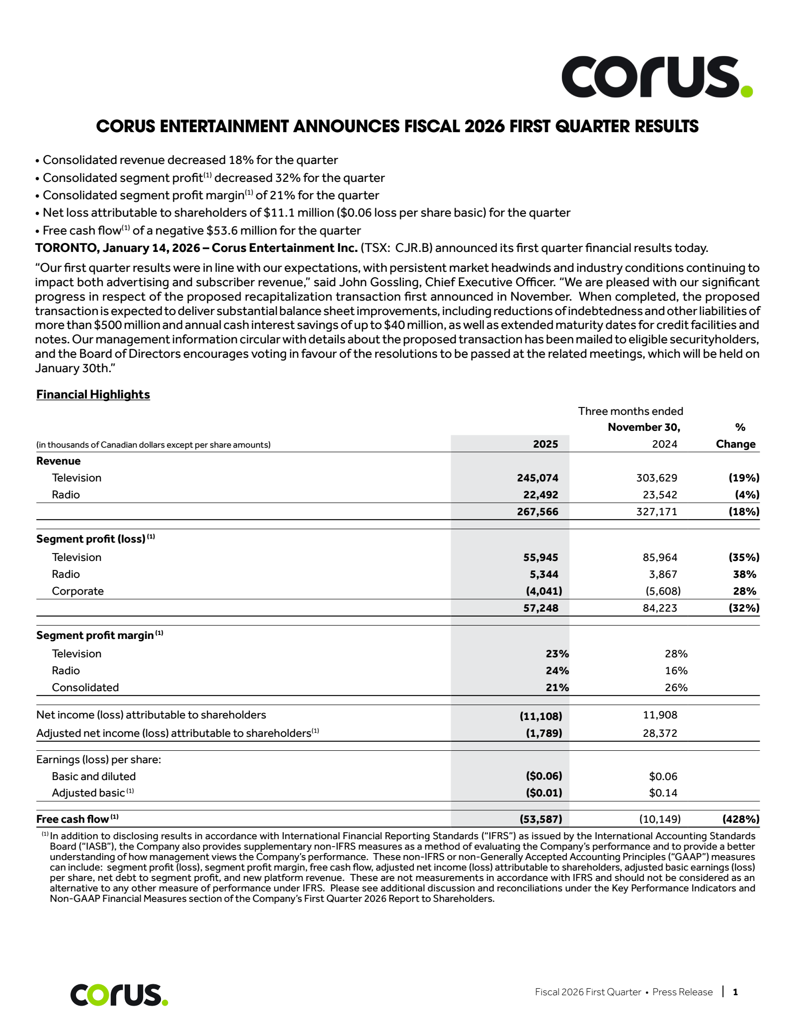 Corus Entertainment's Q1 2026 Press Release