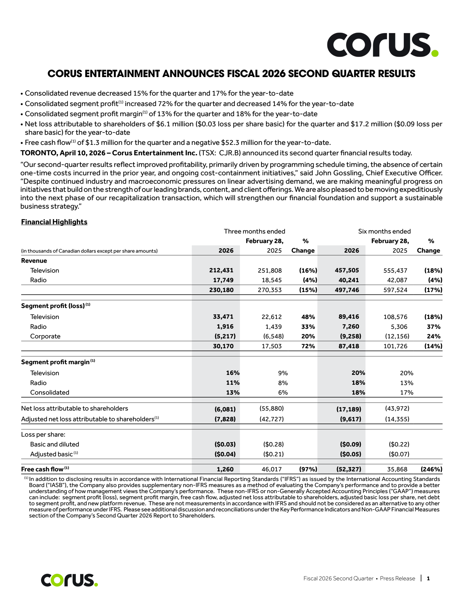 Corus Entertainment's Q2 2026 Press Release