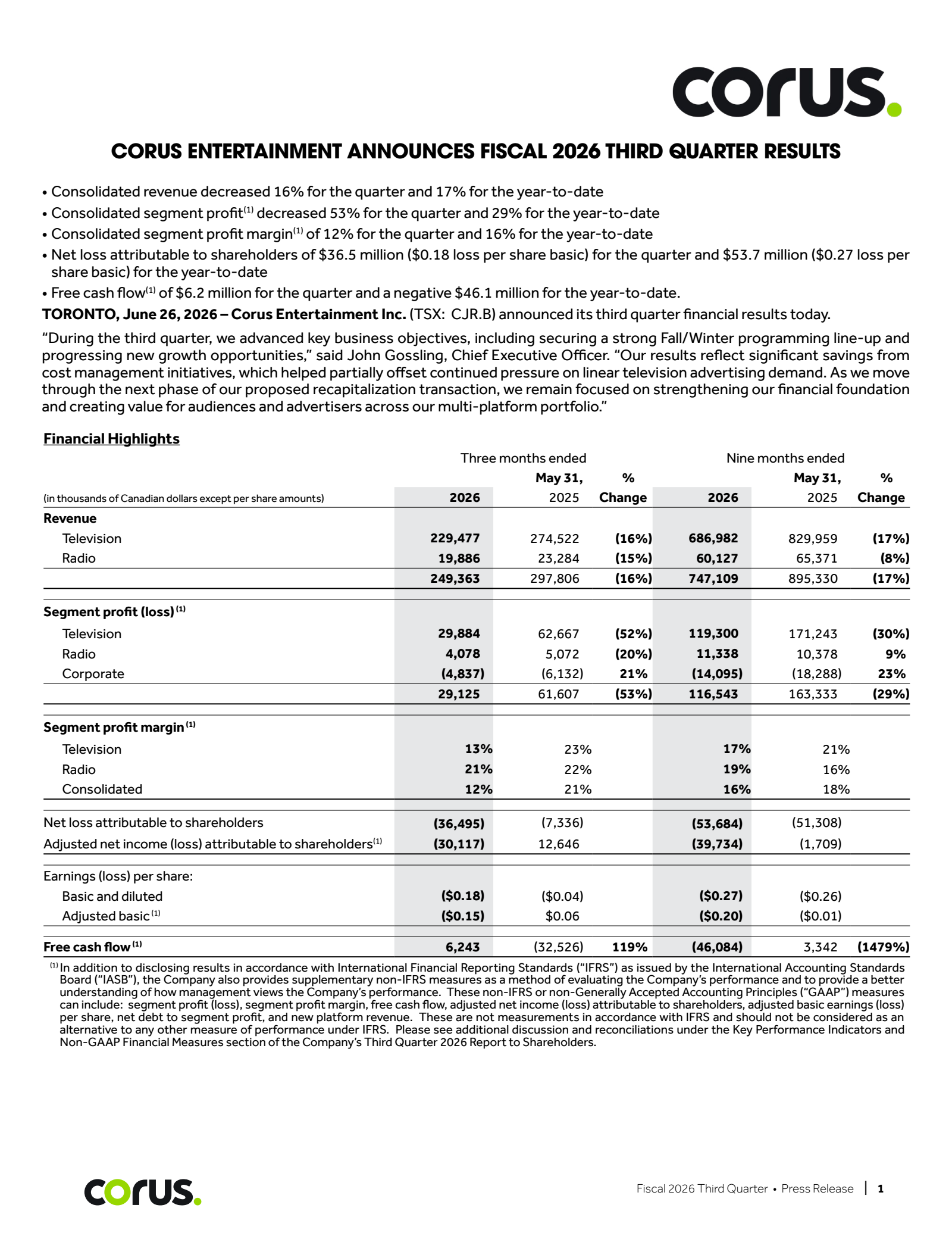 Corus Entertainment's Q3 2026 Press Release