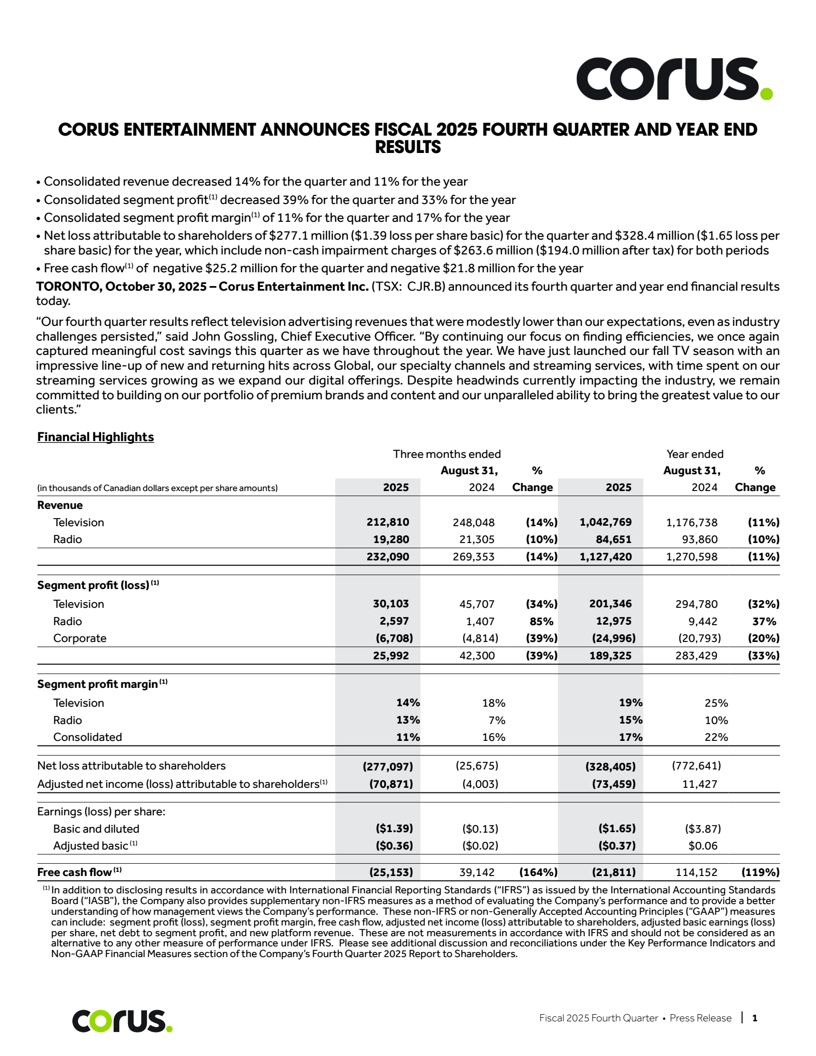Corus Entertainment's Q4 2025 Earnings Release