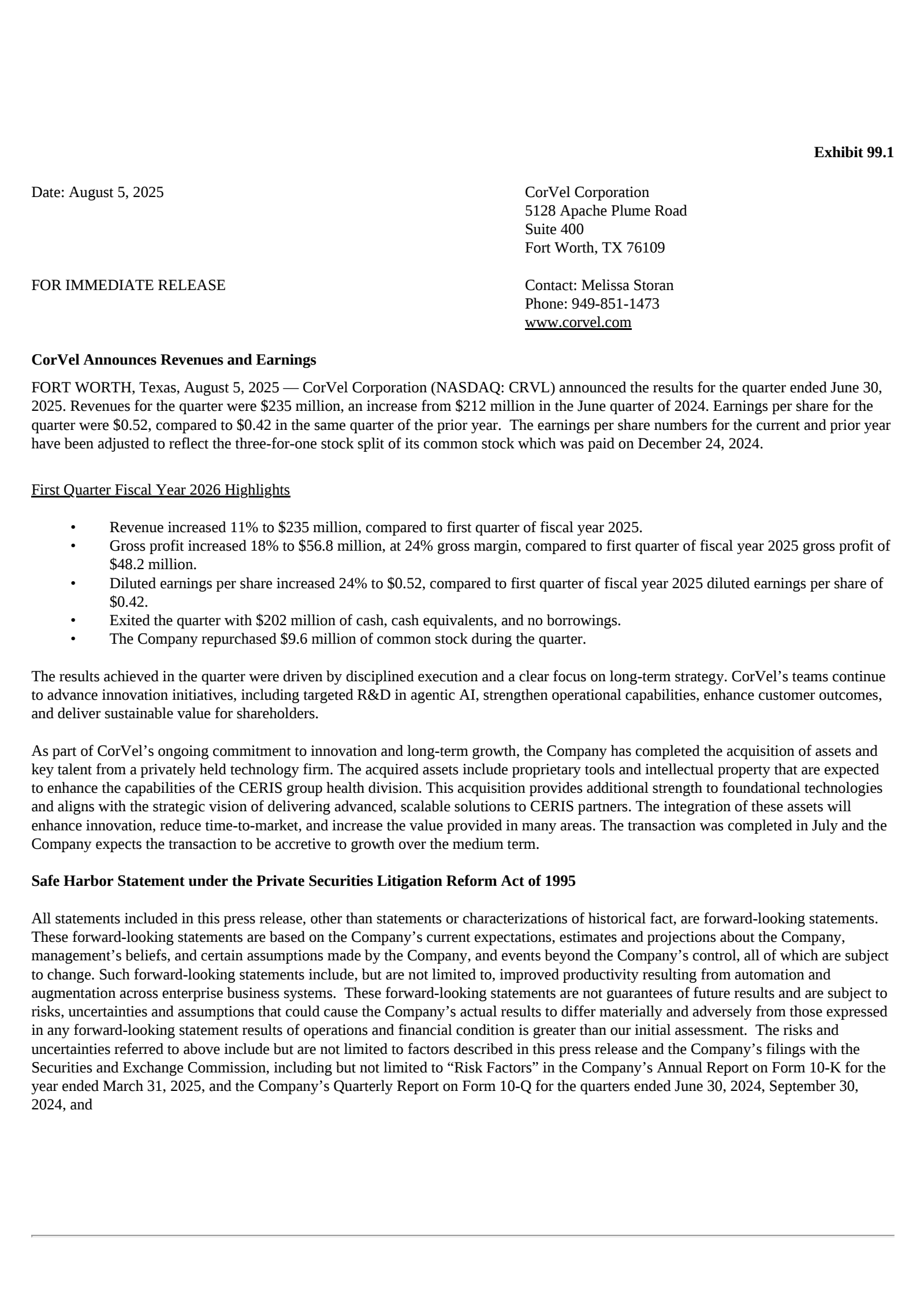 CorVel's Q1 2026 Press Release