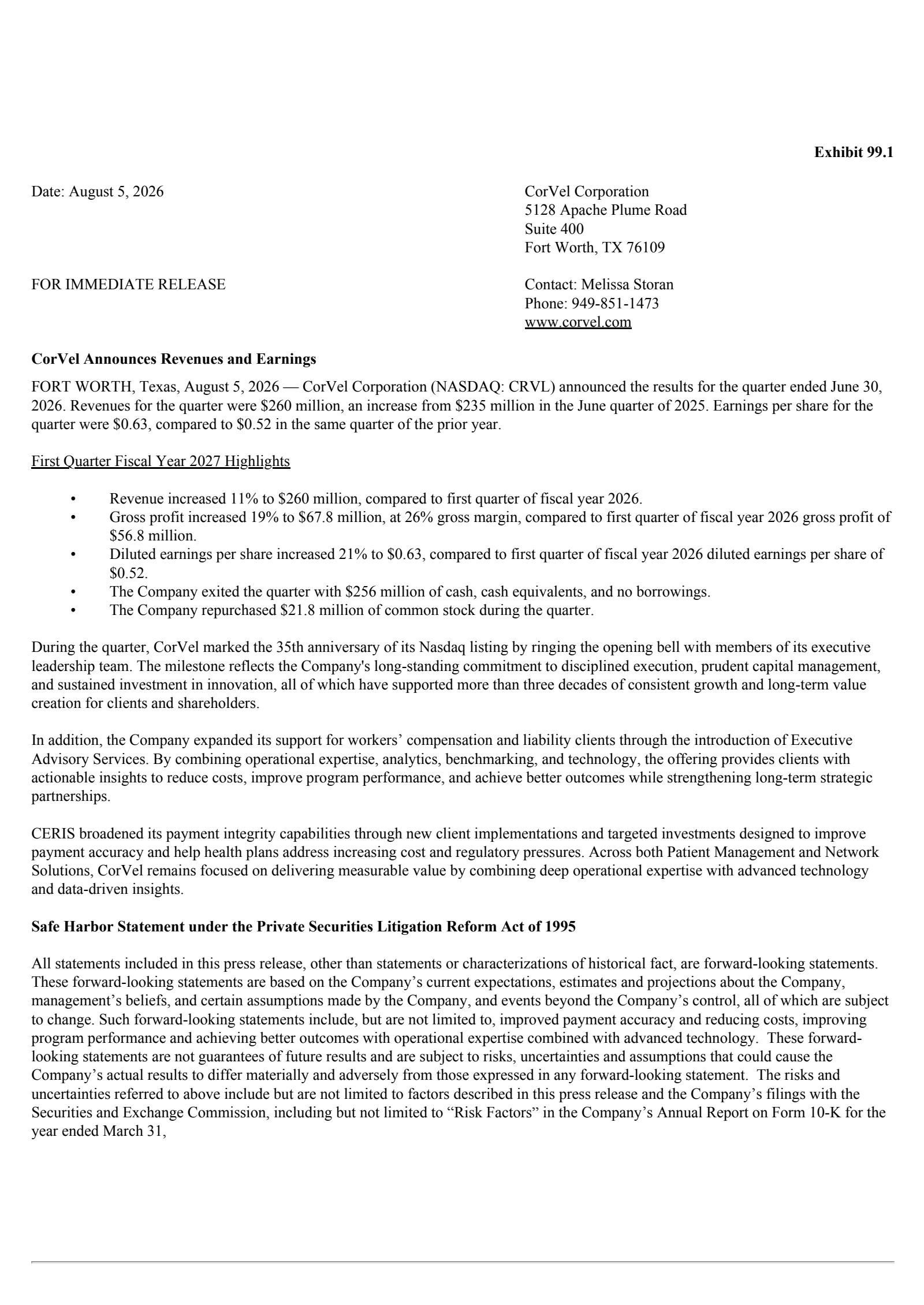 CorVel's Q1 2027 Press Release
