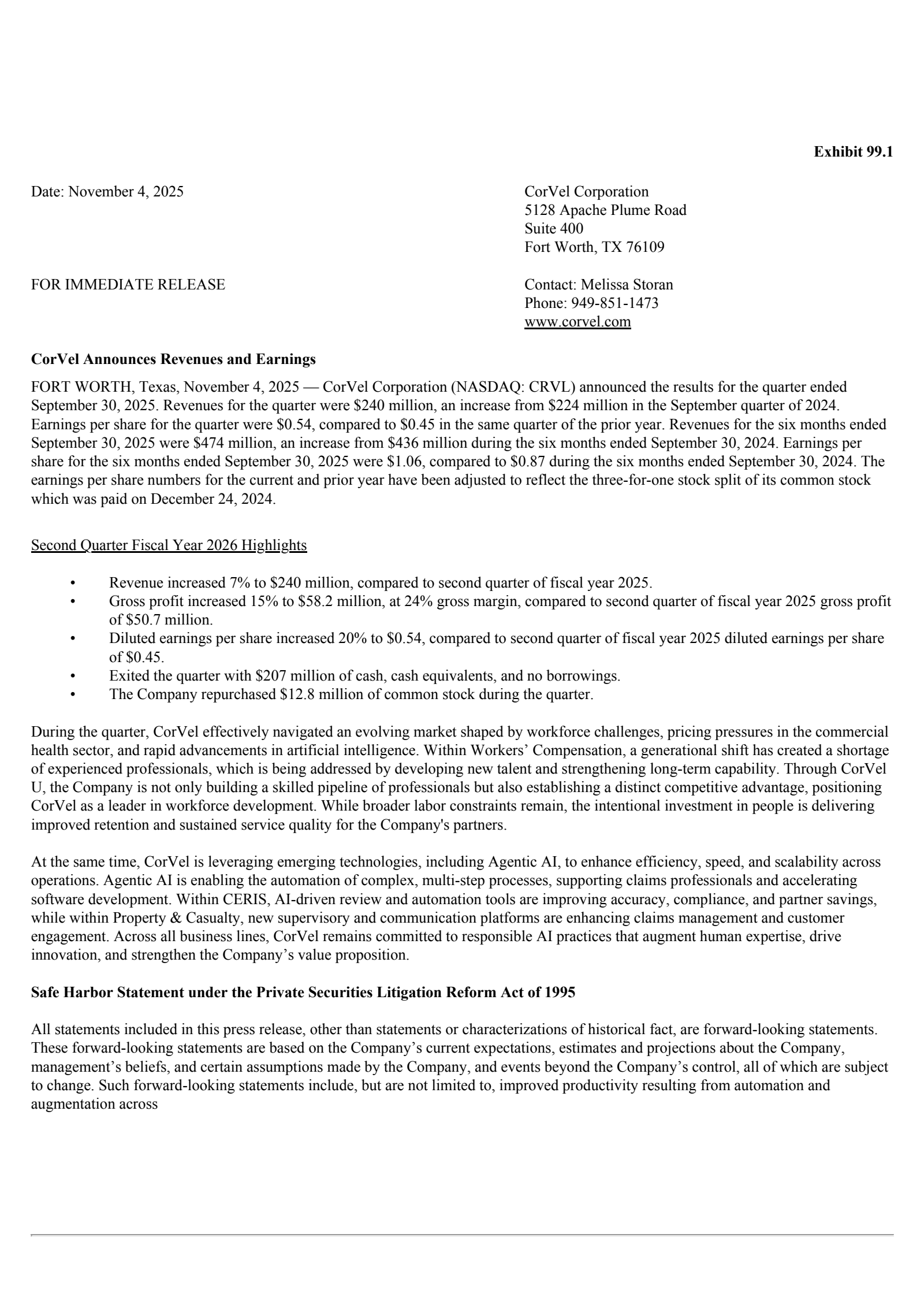 CorVel's Q2 2026 Earnings Release