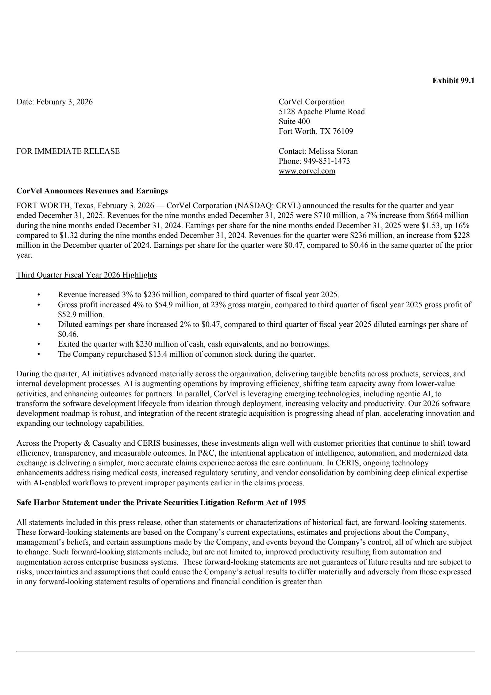 CorVel's Q3 2026 Press Release