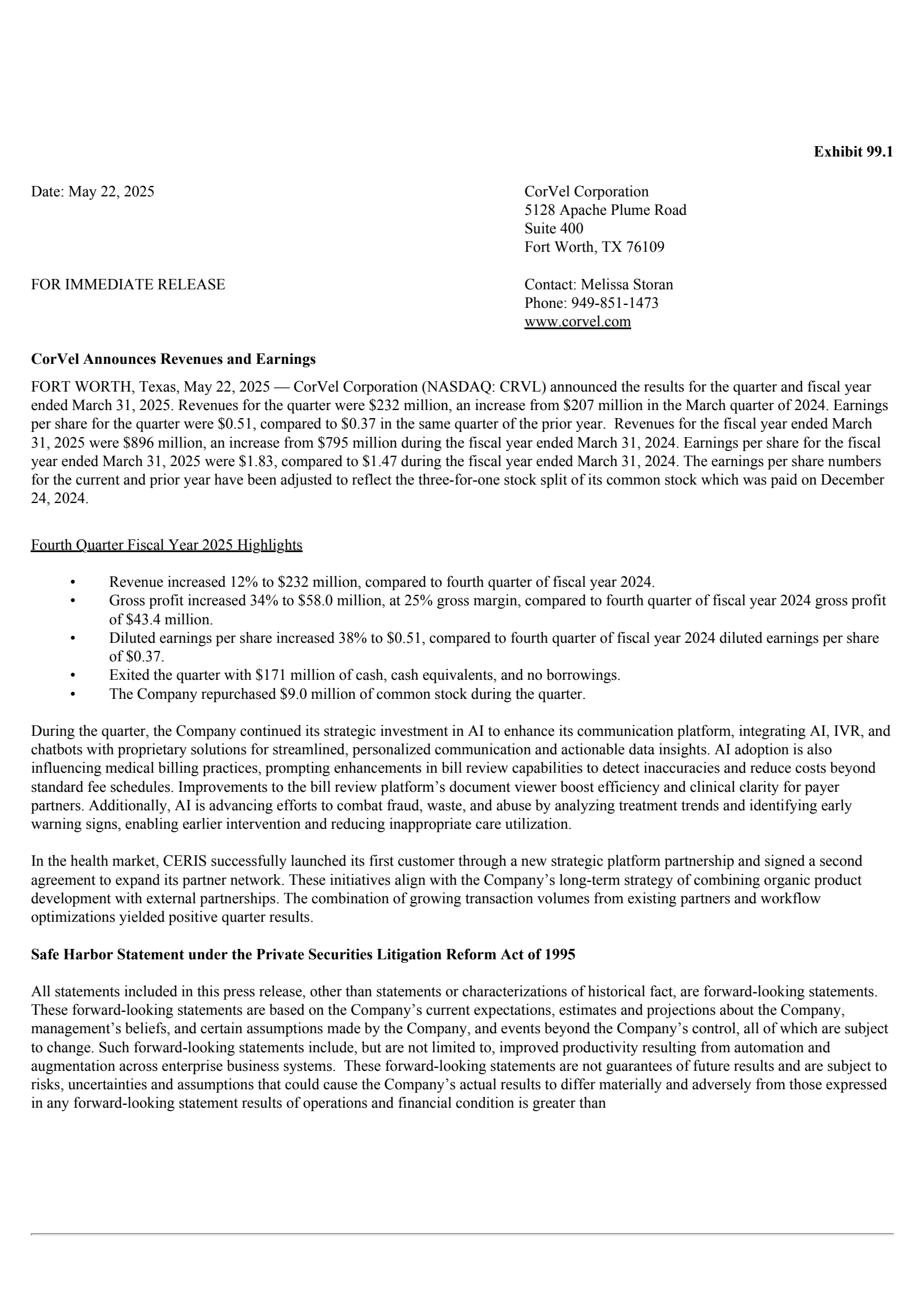 CorVel's Q4 2025 Press Release