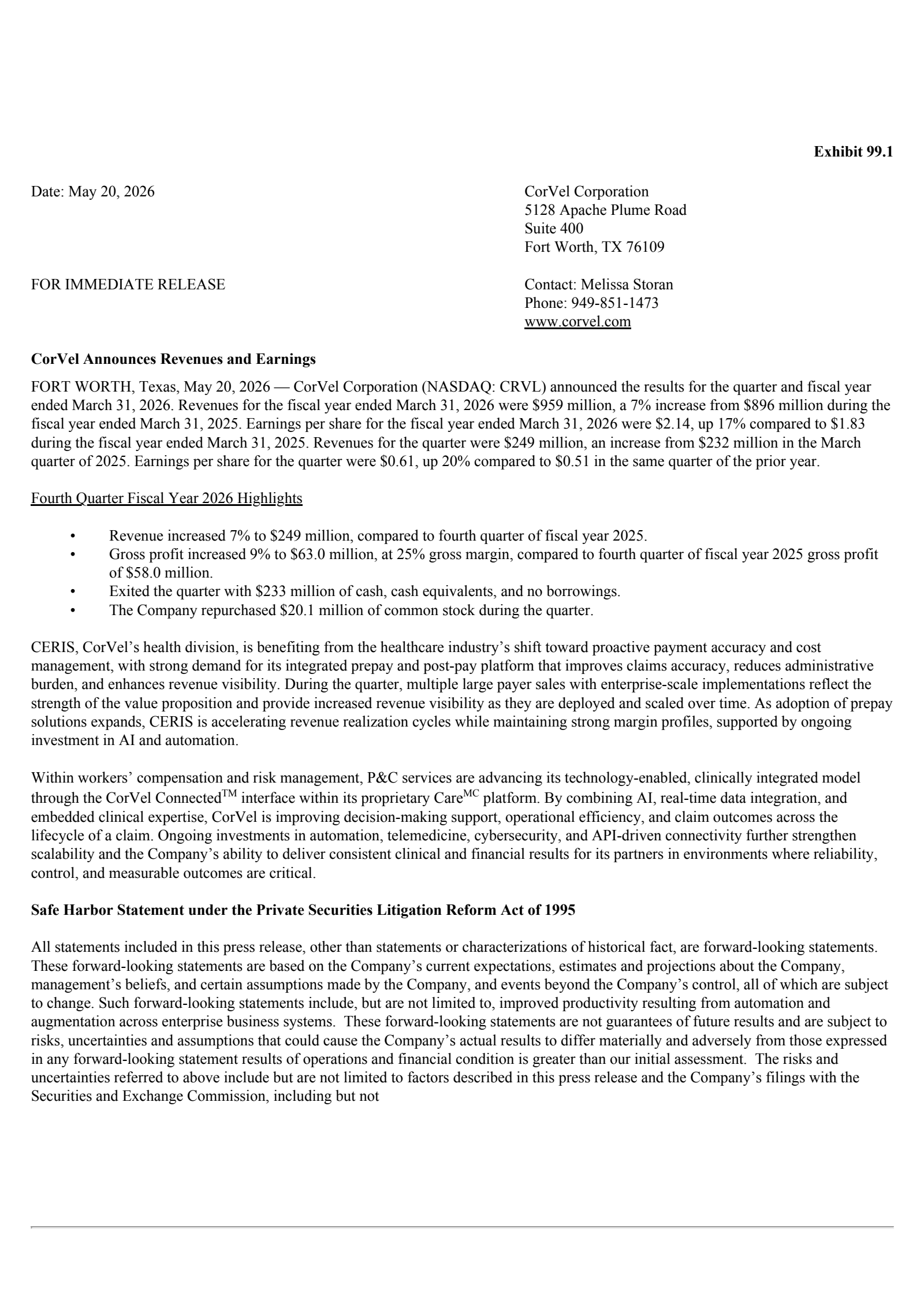 CorVel's Q4 2026 Press Release