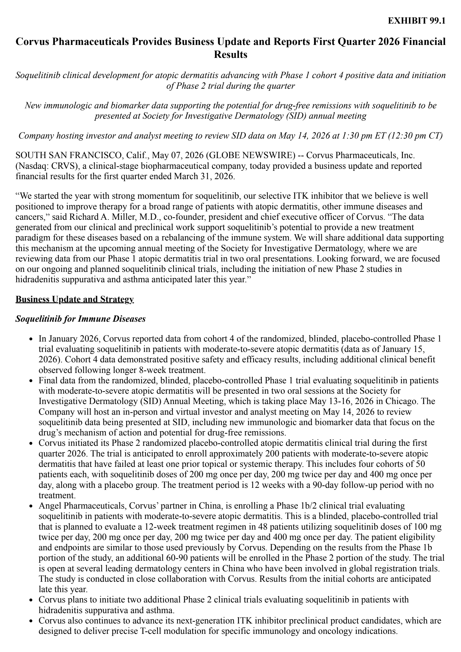 Corvus Pharmaceuticals' Q1 2026 Press Release