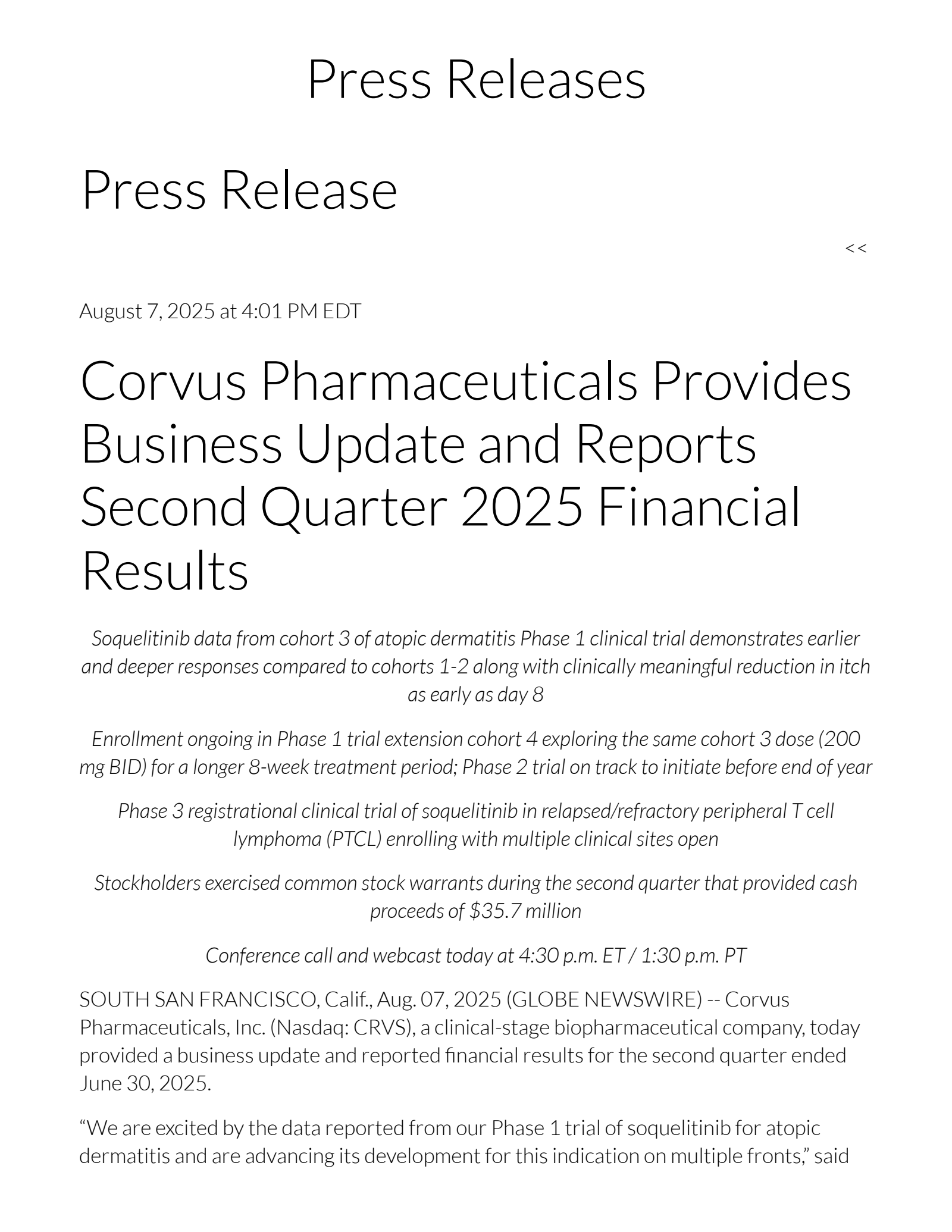 Corvus Pharmaceuticals' Q2 2025 Press Release