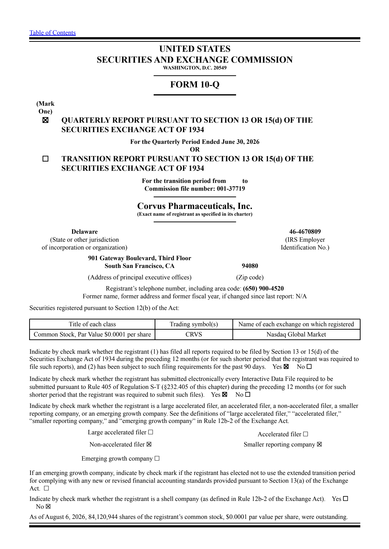 Corvus Pharmaceuticals' Q2 2026 Quarterly report