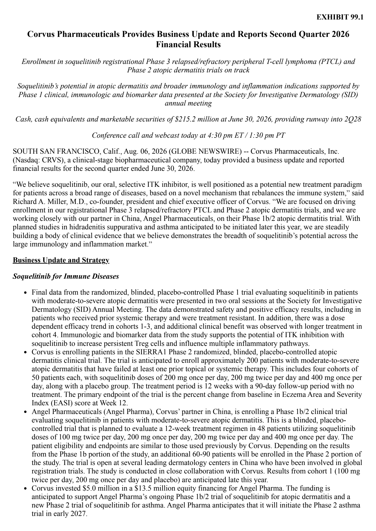 Corvus Pharmaceuticals' Q2 2026 Press Release