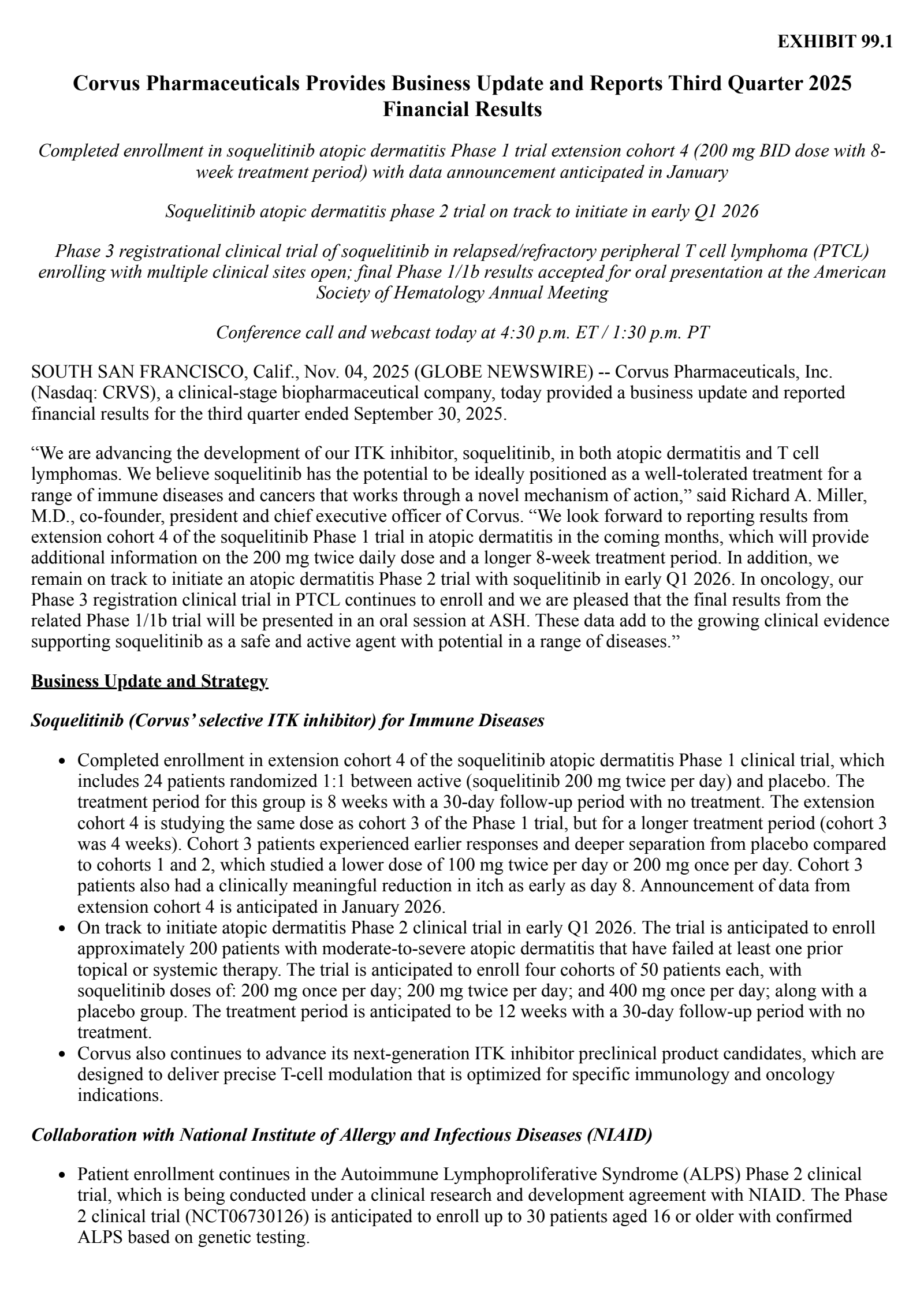Corvus Pharmaceuticals' Q3 2025 Earnings Release