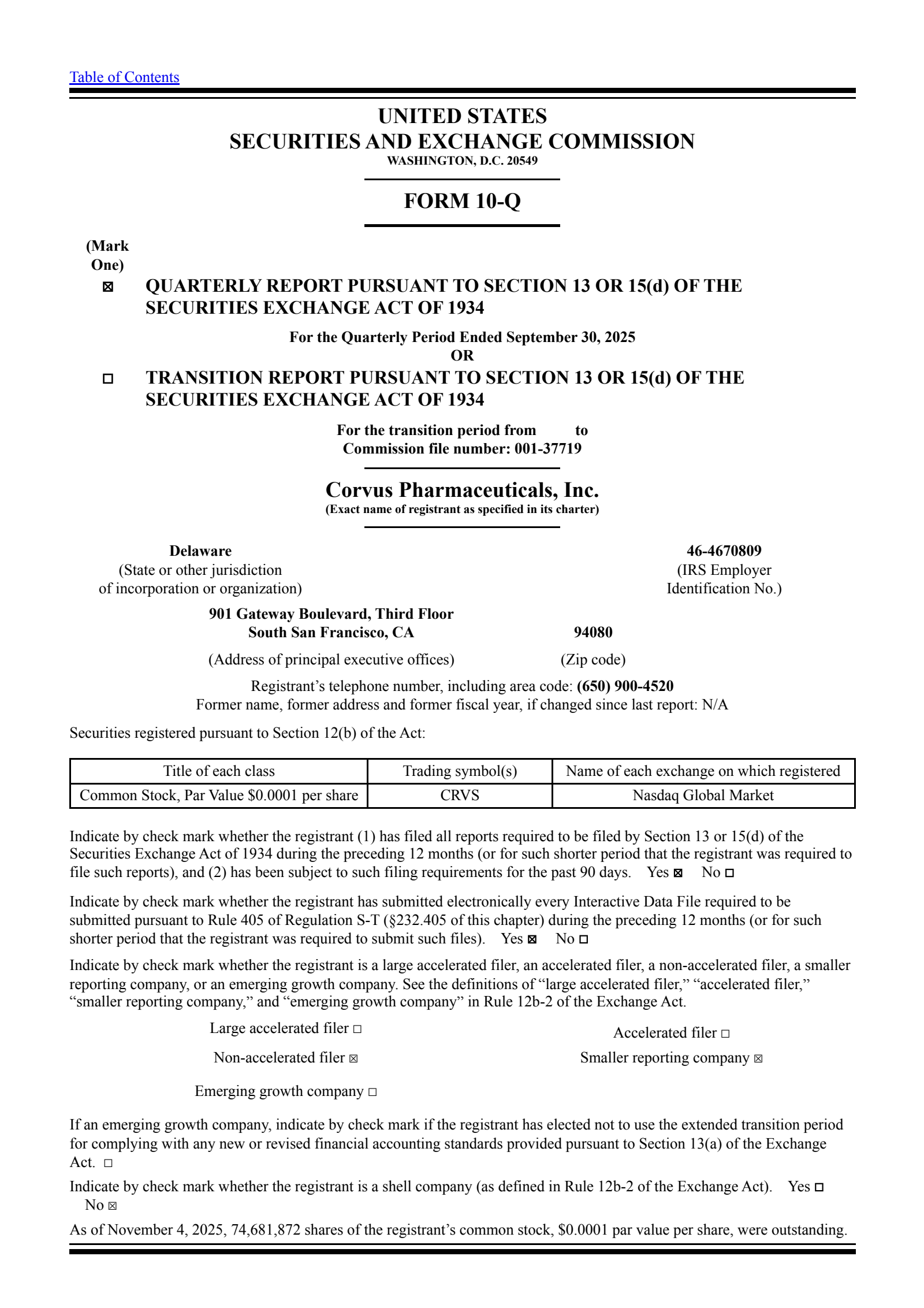 Corvus Pharmaceuticals' Q3 2025 Quarterly Report