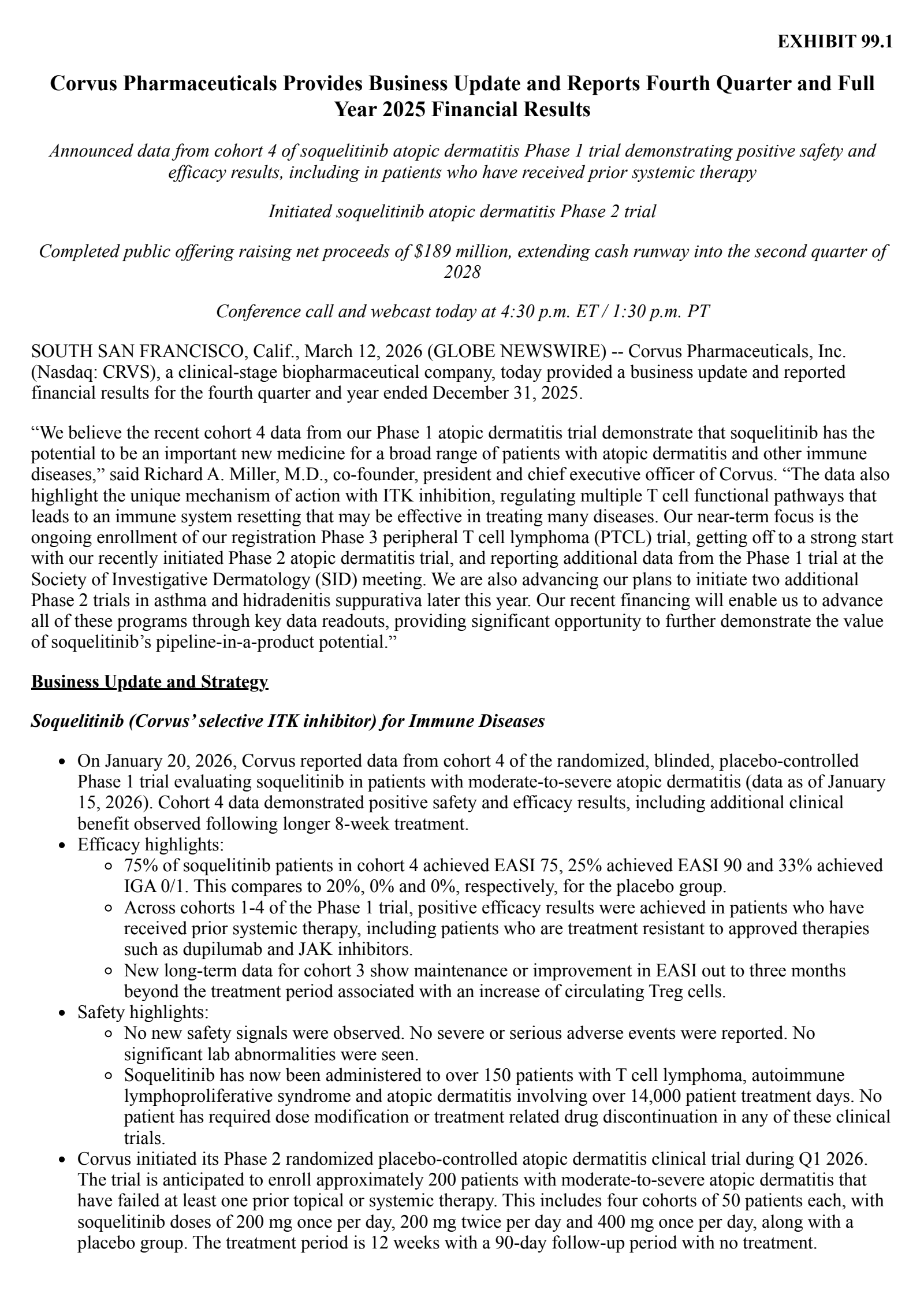 Corvus Pharmaceuticals' Q4 2025 Press Release