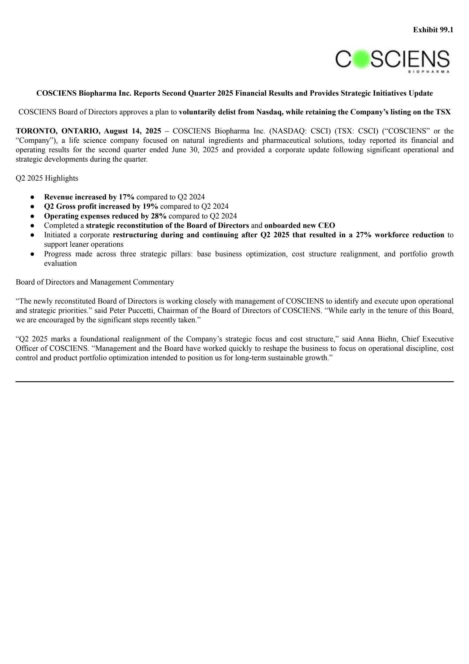 COSCIENS Biopharma's Q2 2025 Press Release