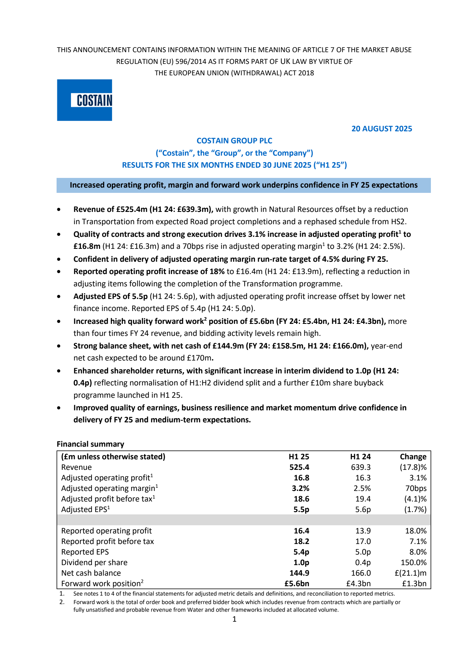 Costain Group's H1 2025 Interim report