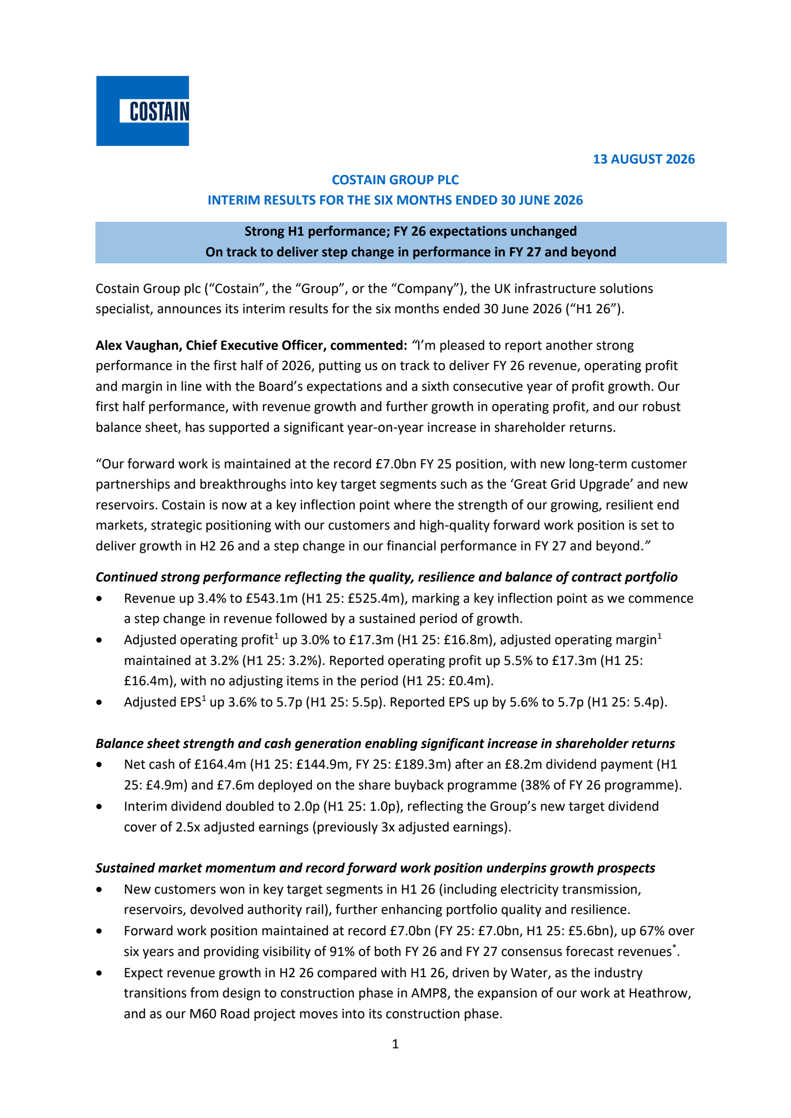 Costain Group's H1 2026 Interim report