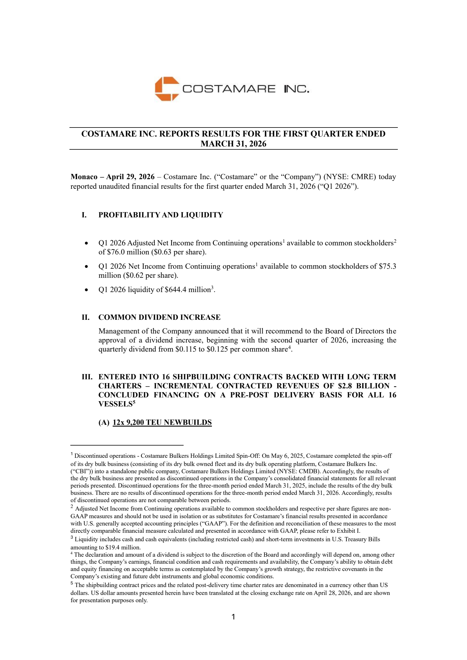 Costamare's Q1 2026 Press Release