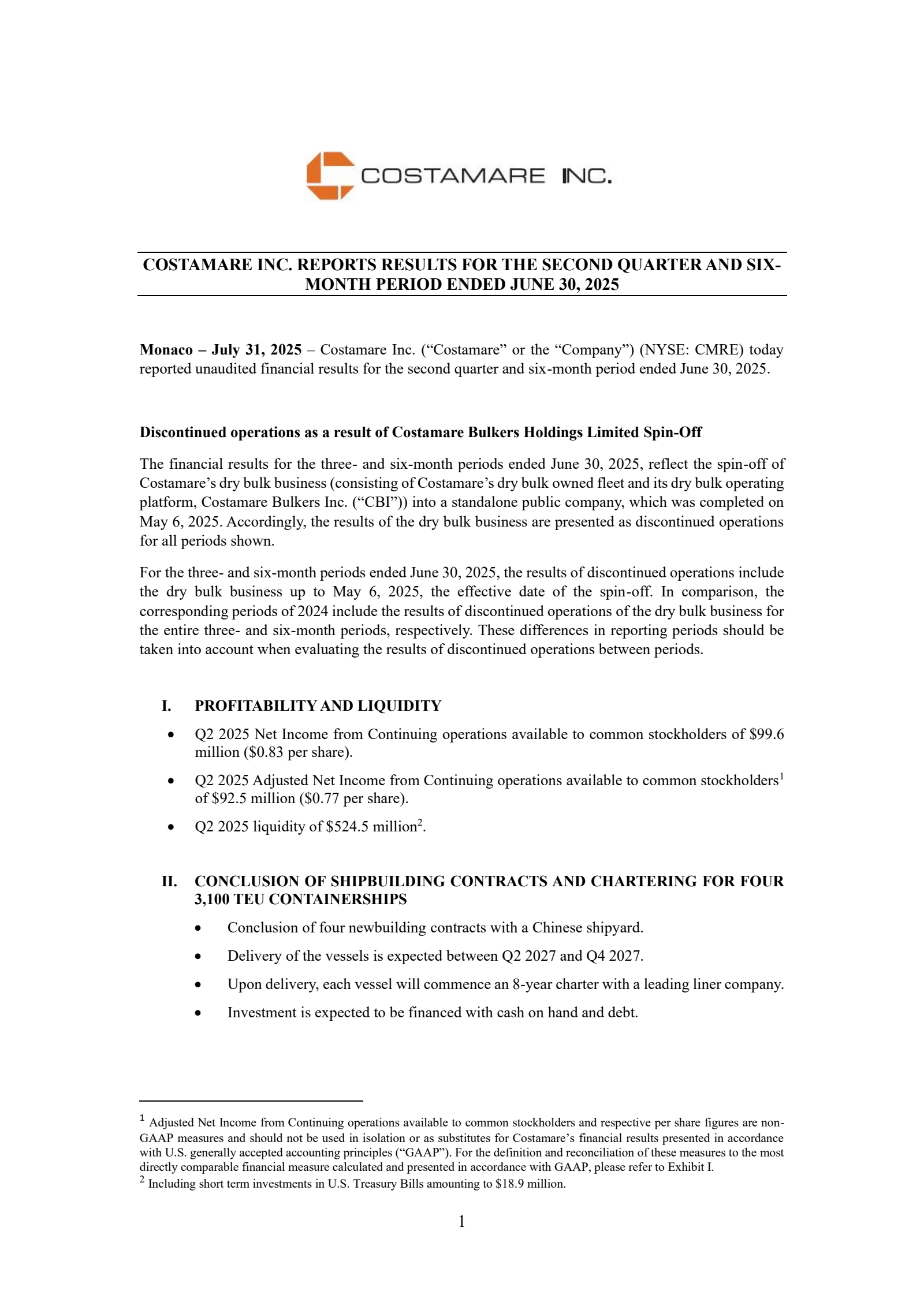 Costamare's Q2 2025 Press Release