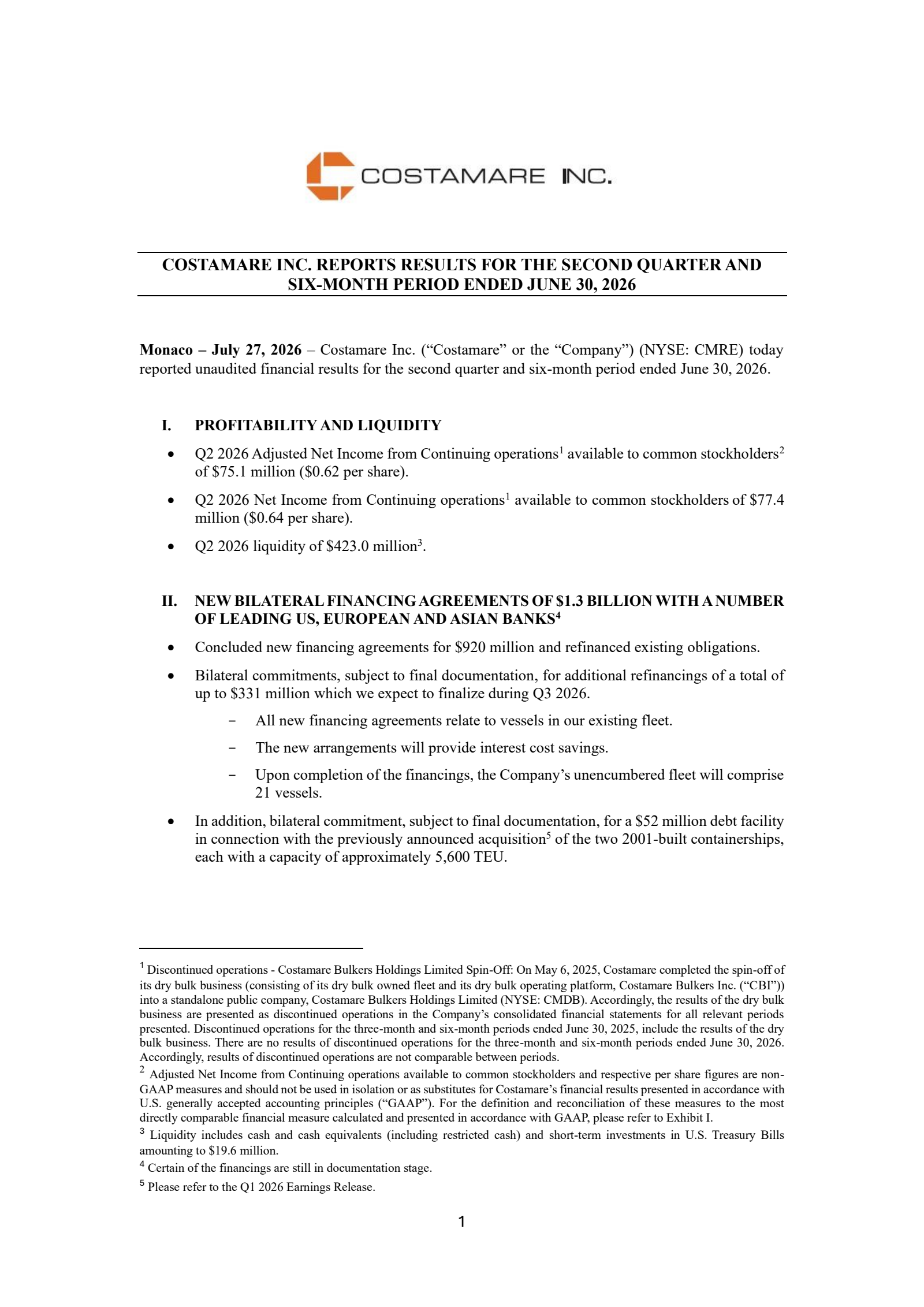 Costamare's Q2 2026 Press Release