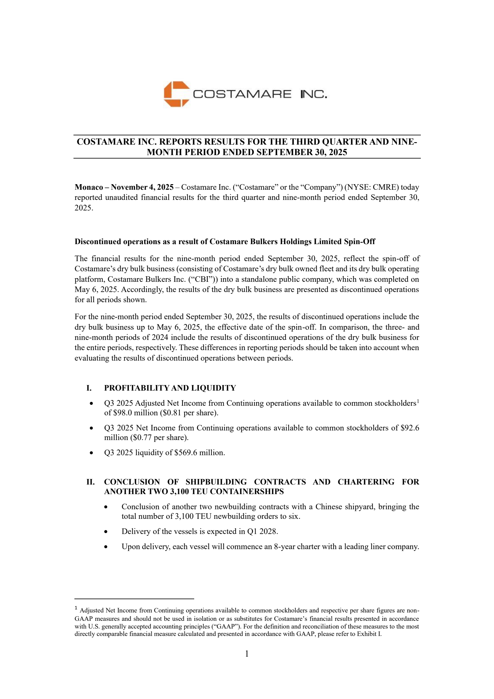 Costamare's Q3 2025 Earnings Release