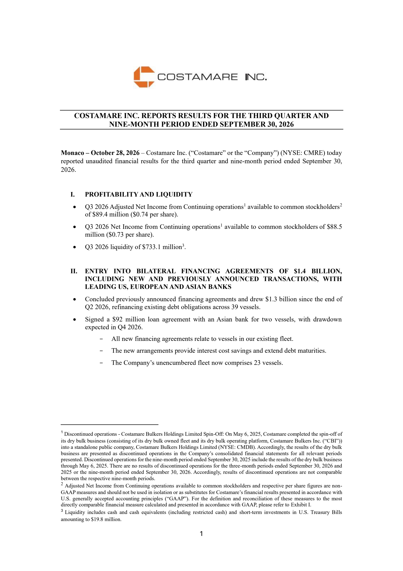 Costamare's Q3 2026 Press Release