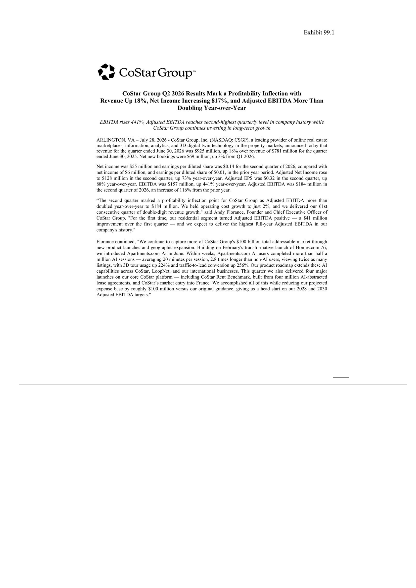 CoStar Group's Q2 2026 Press Release