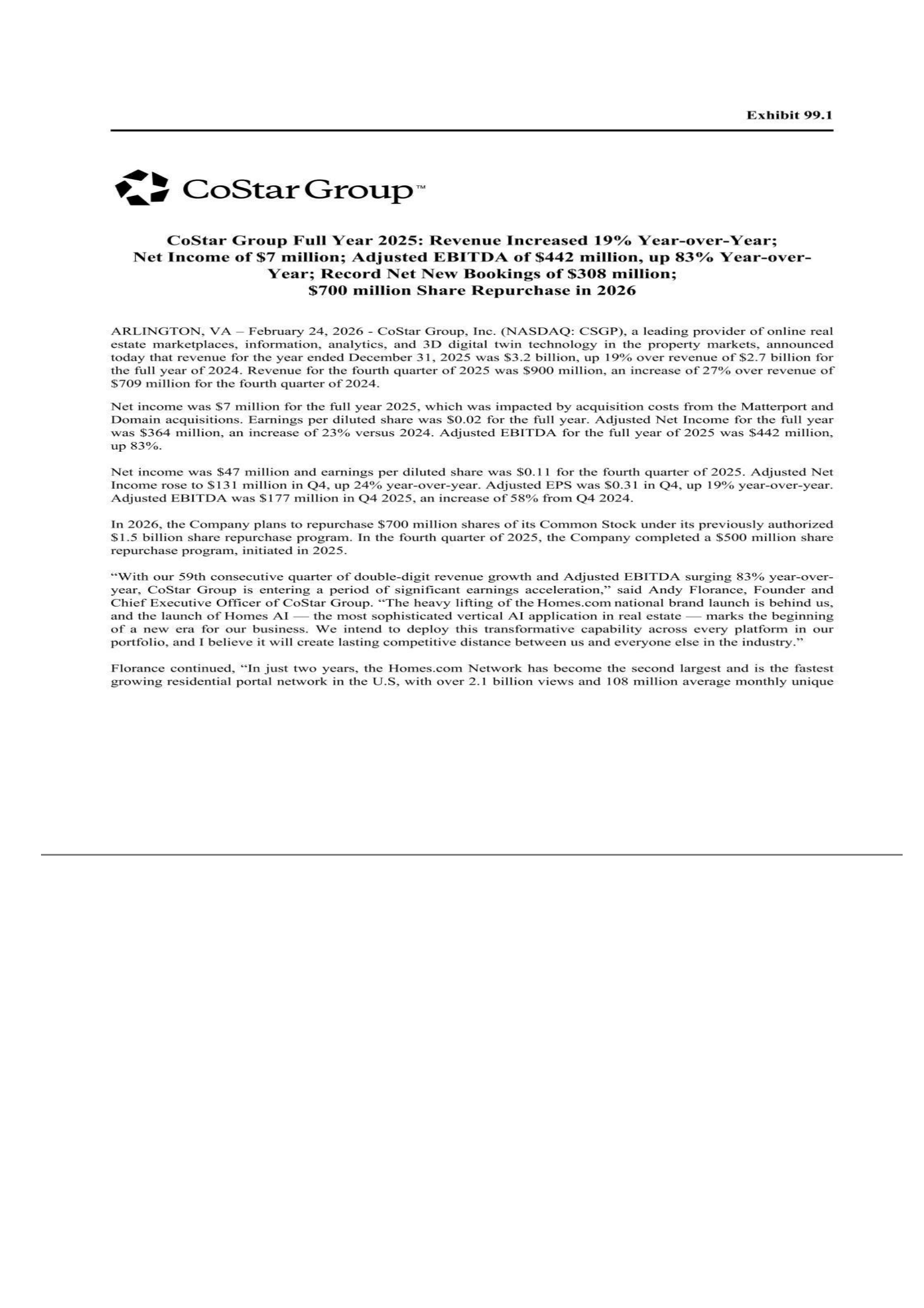 CoStar Group's Q4 2025 Press Release
