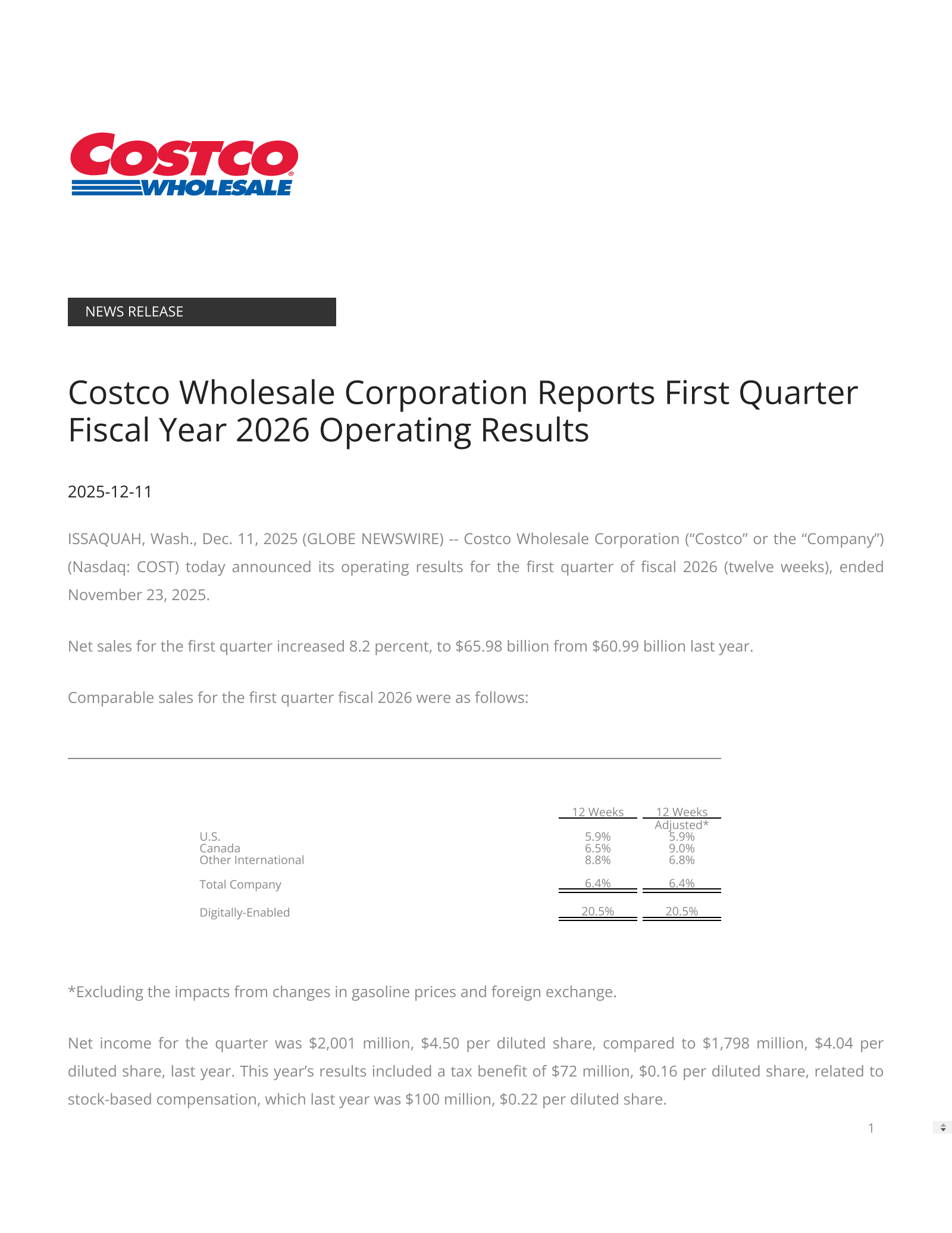 Costco Wholesale's Q1 2026 Earnings Release