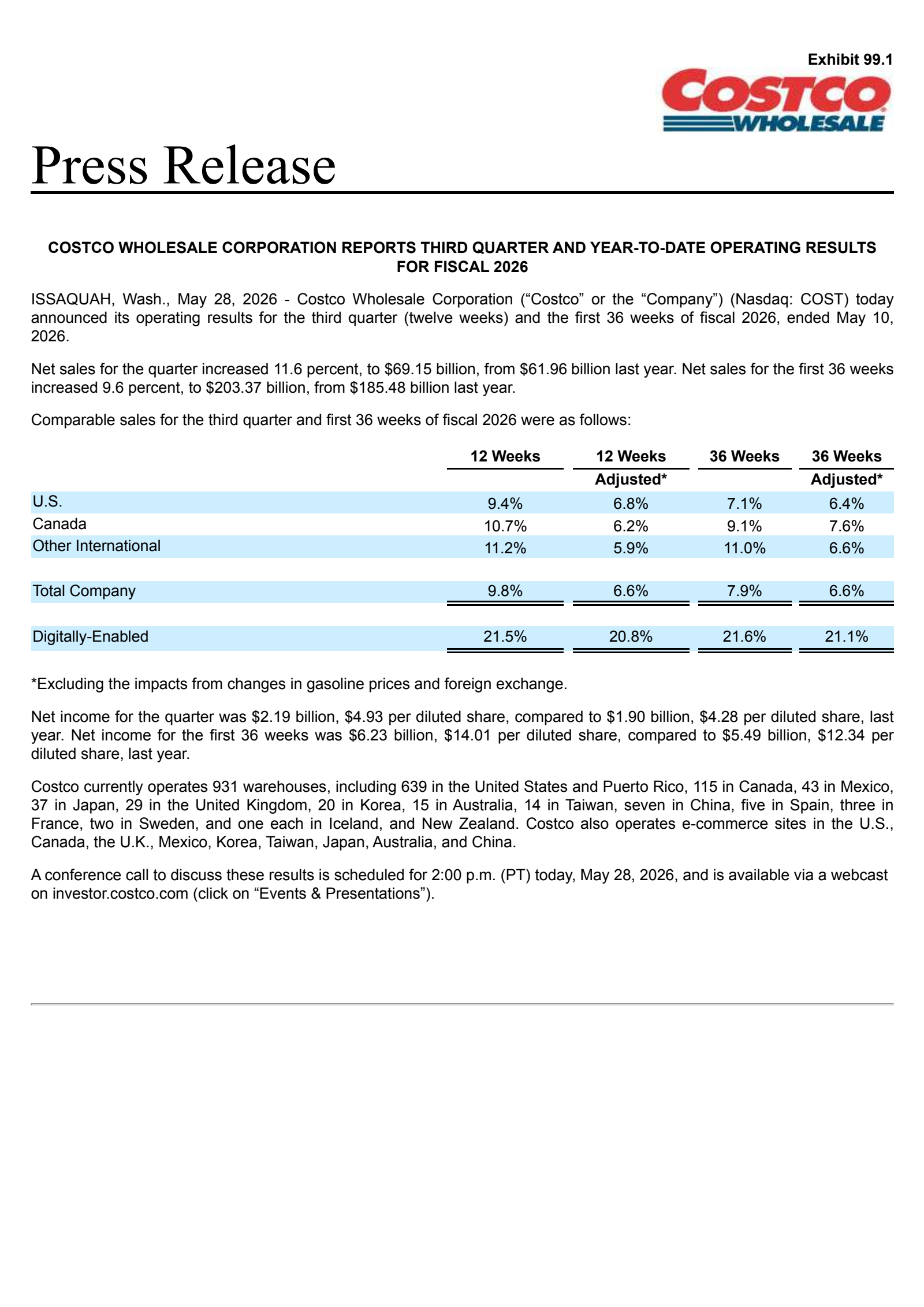 Costco Wholesale's Q3 2026 Press Release