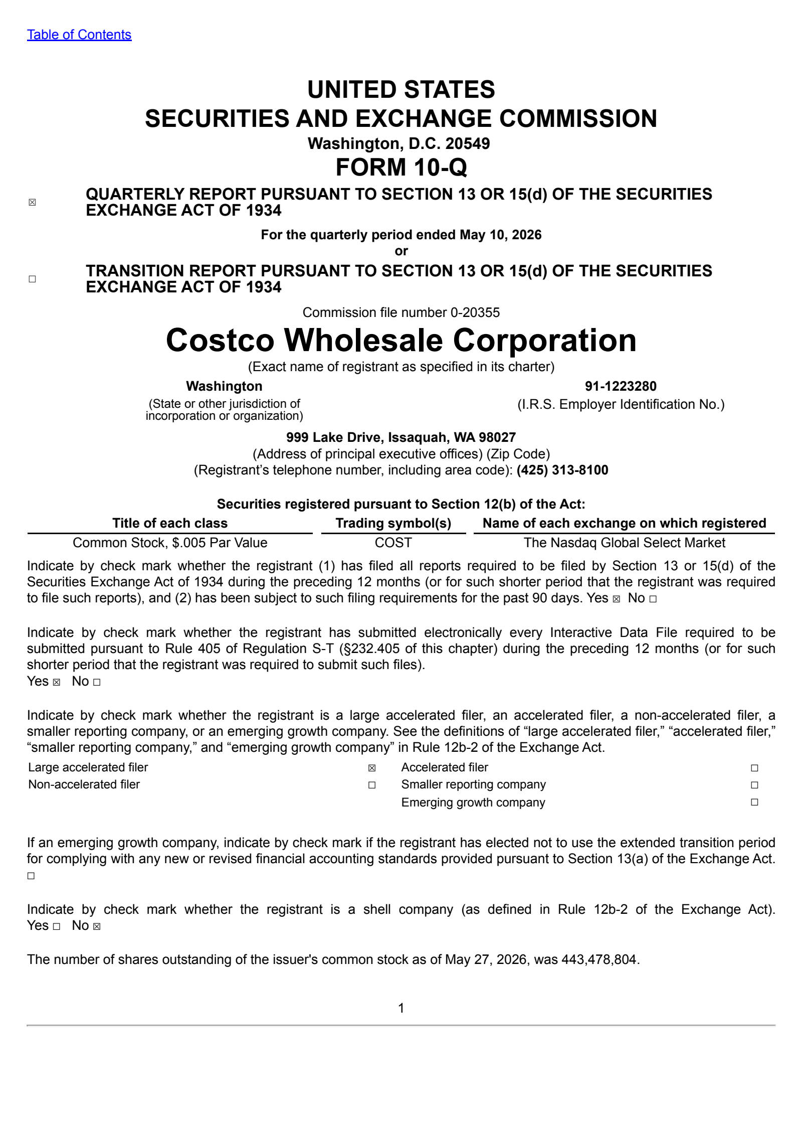 Costco Wholesale's Q3 2026 Quarterly report