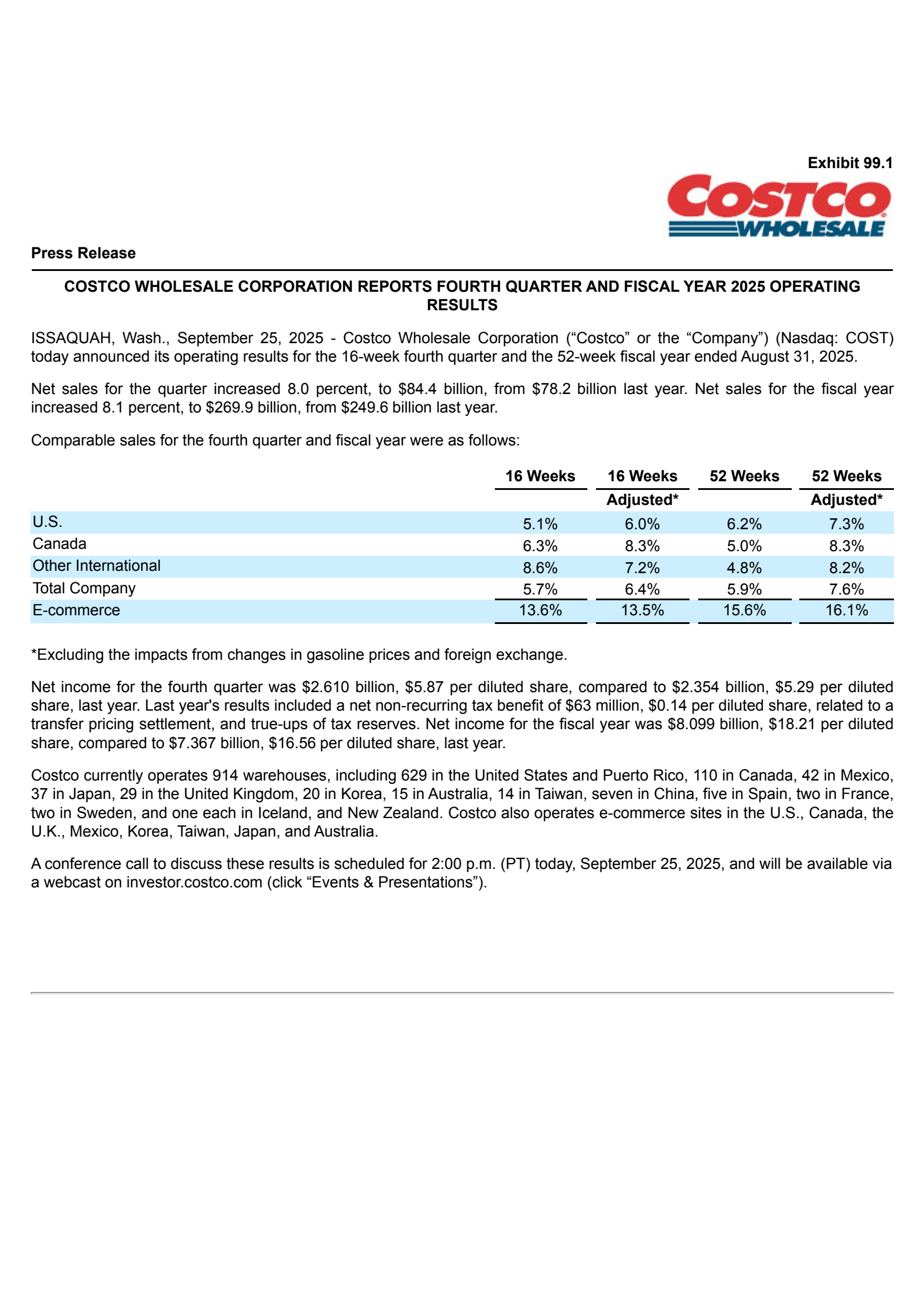 Costco Wholesale's Q4 2025 Earnings Release