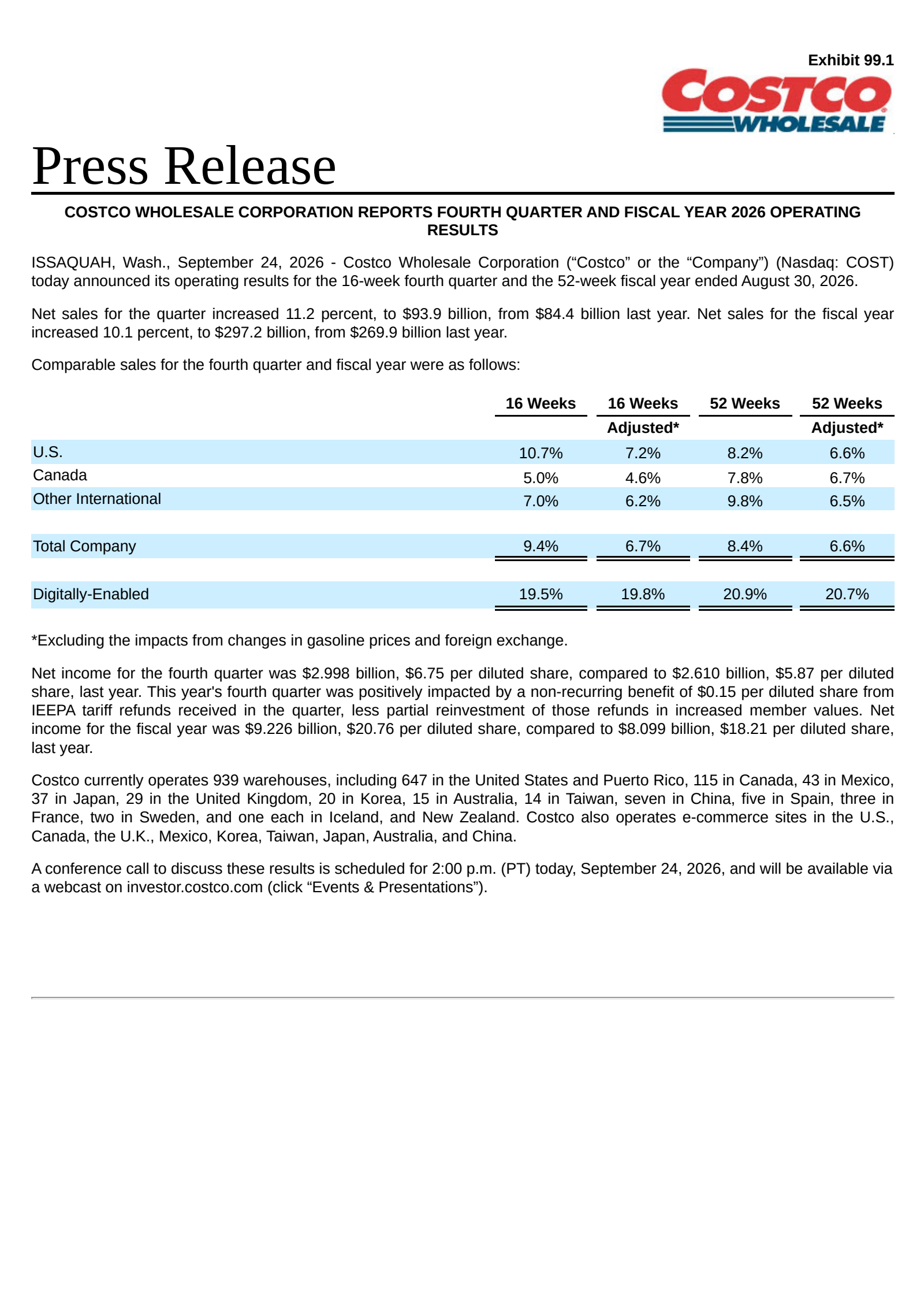 Costco Wholesale's Q4 2026 Press Release