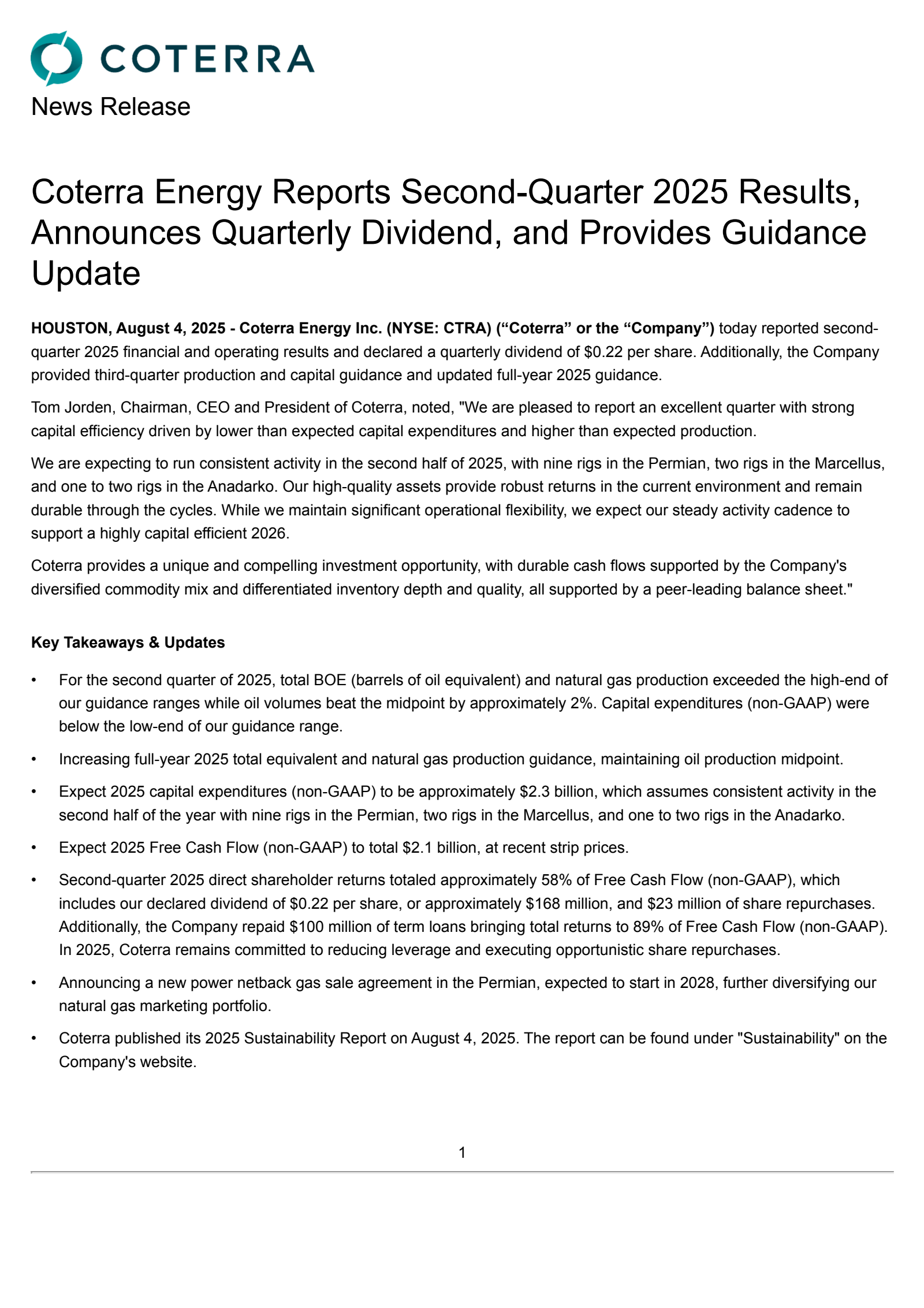 Coterra Energy's Q2 2025 Press Release