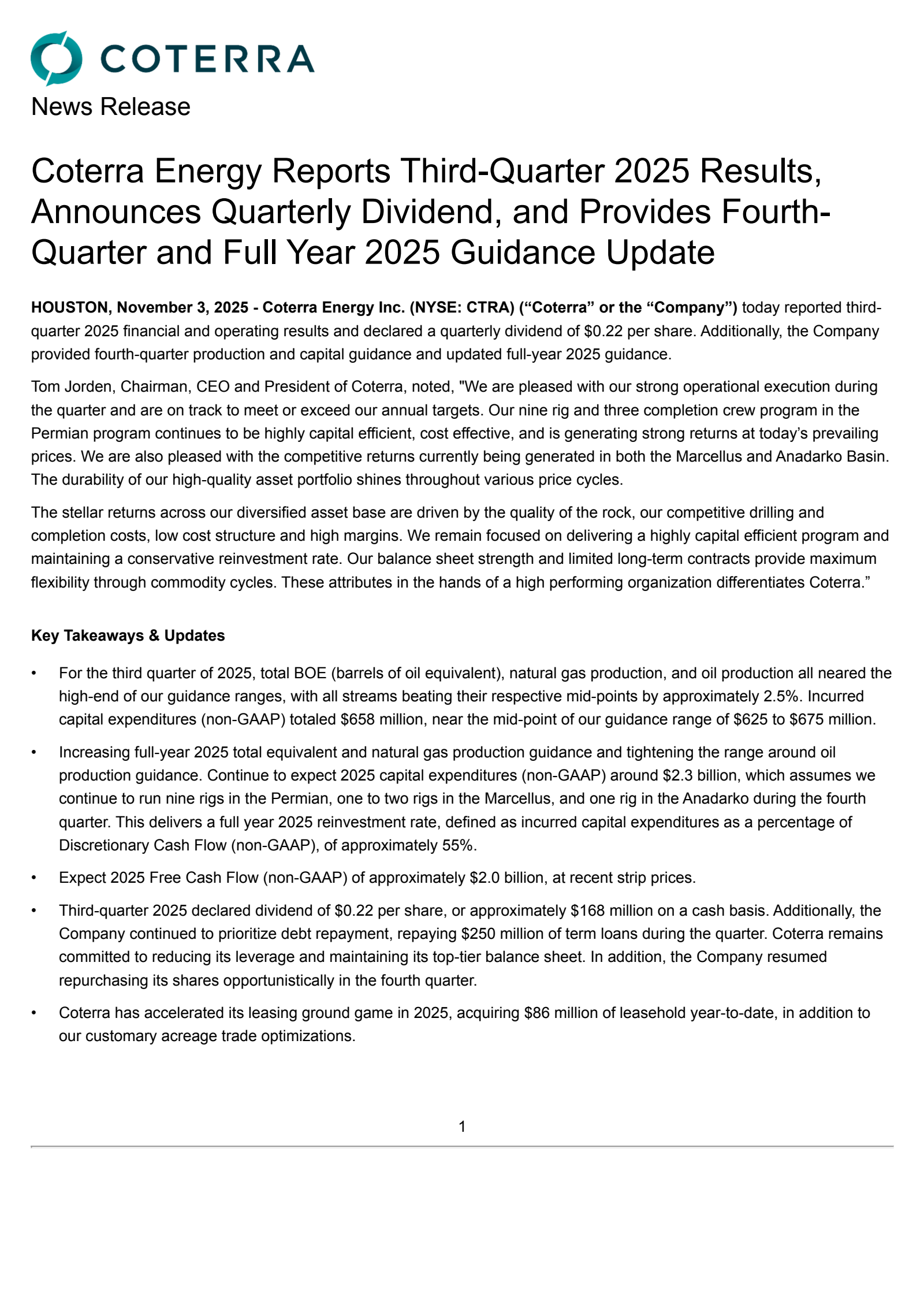 Coterra Energy's Q3 2025 Earnings Release