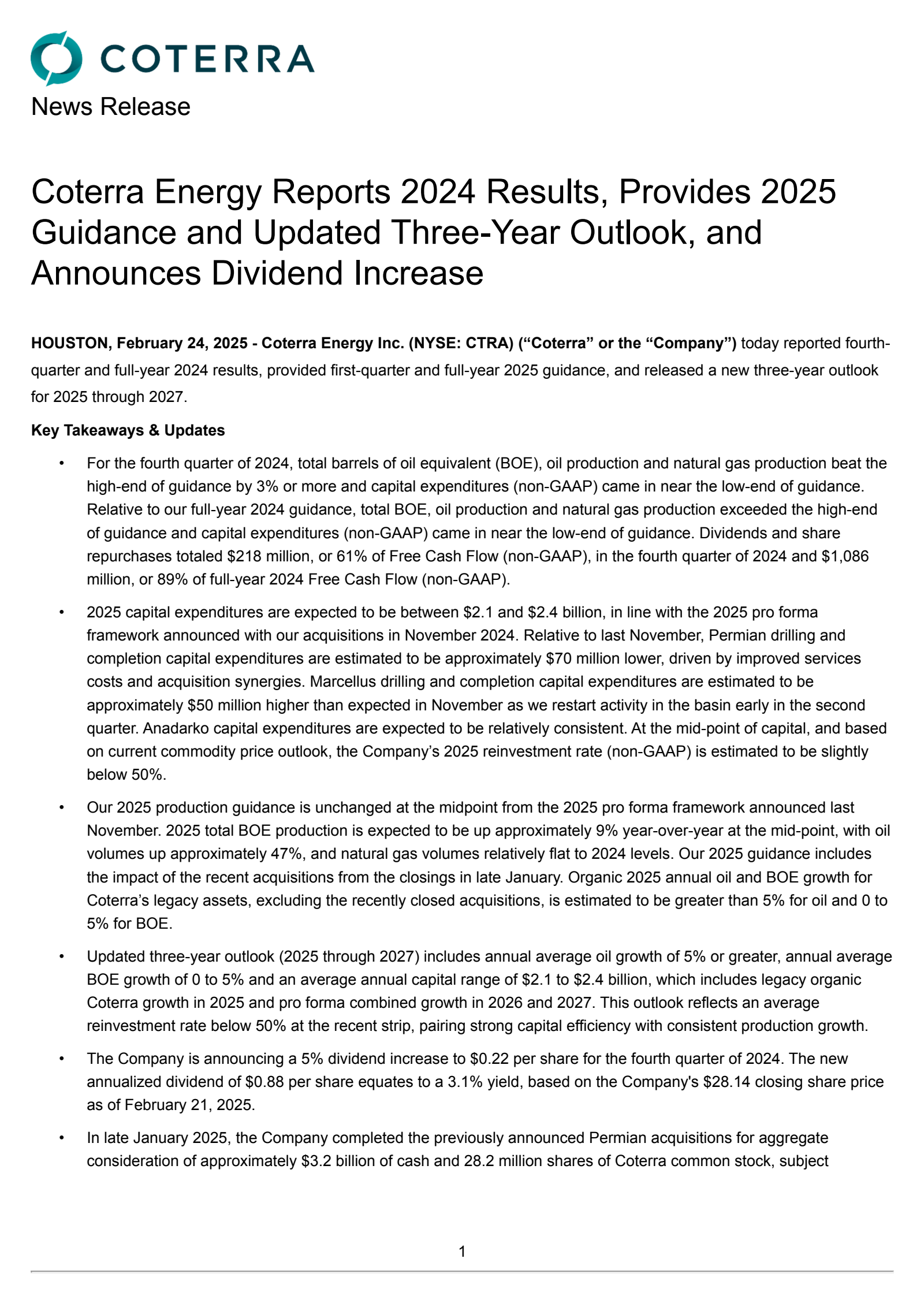 Coterra Energy's Q4 2024 Press Release