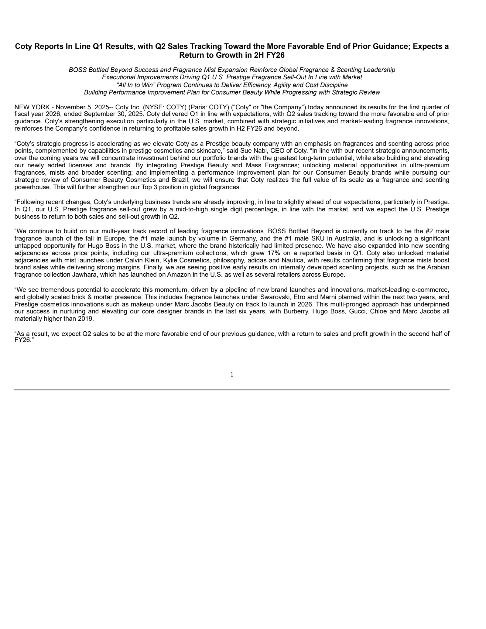 Coty's Q1 2026 Prepared Remarks Earnings Release