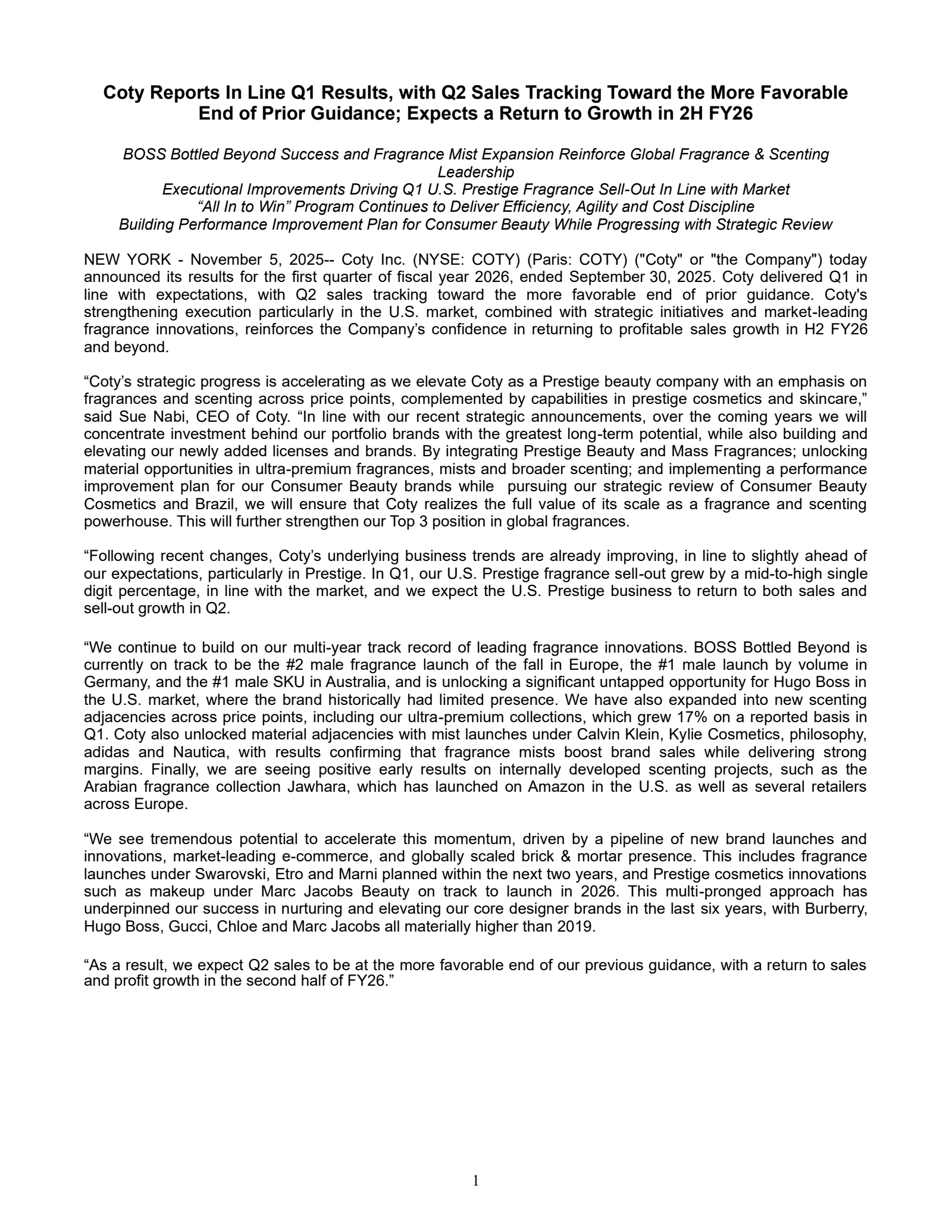 Coty's Q1 2026 Prepared Remarks Earnings Release