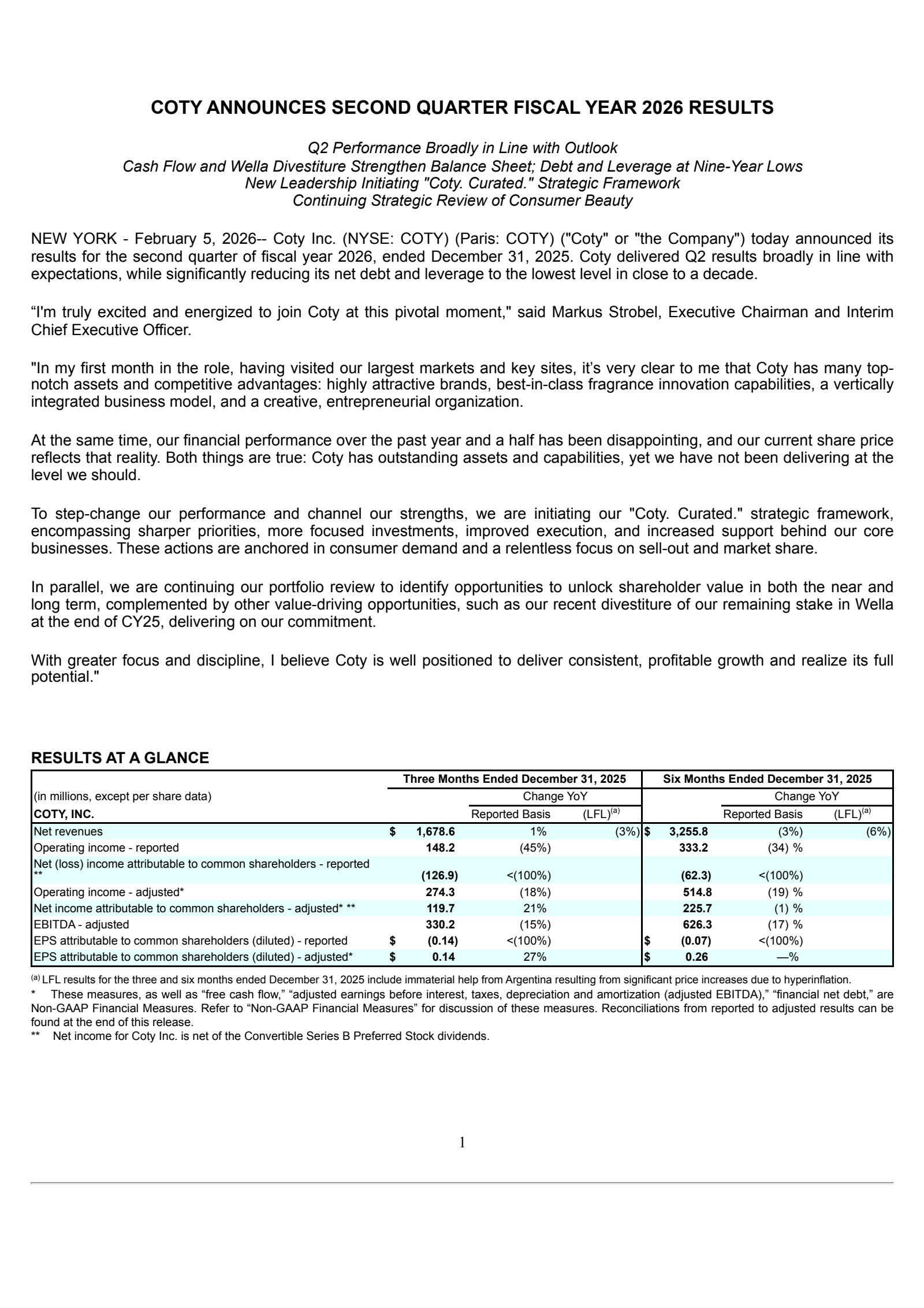 Coty's Q2 2026 Prepared Remarks Press Release