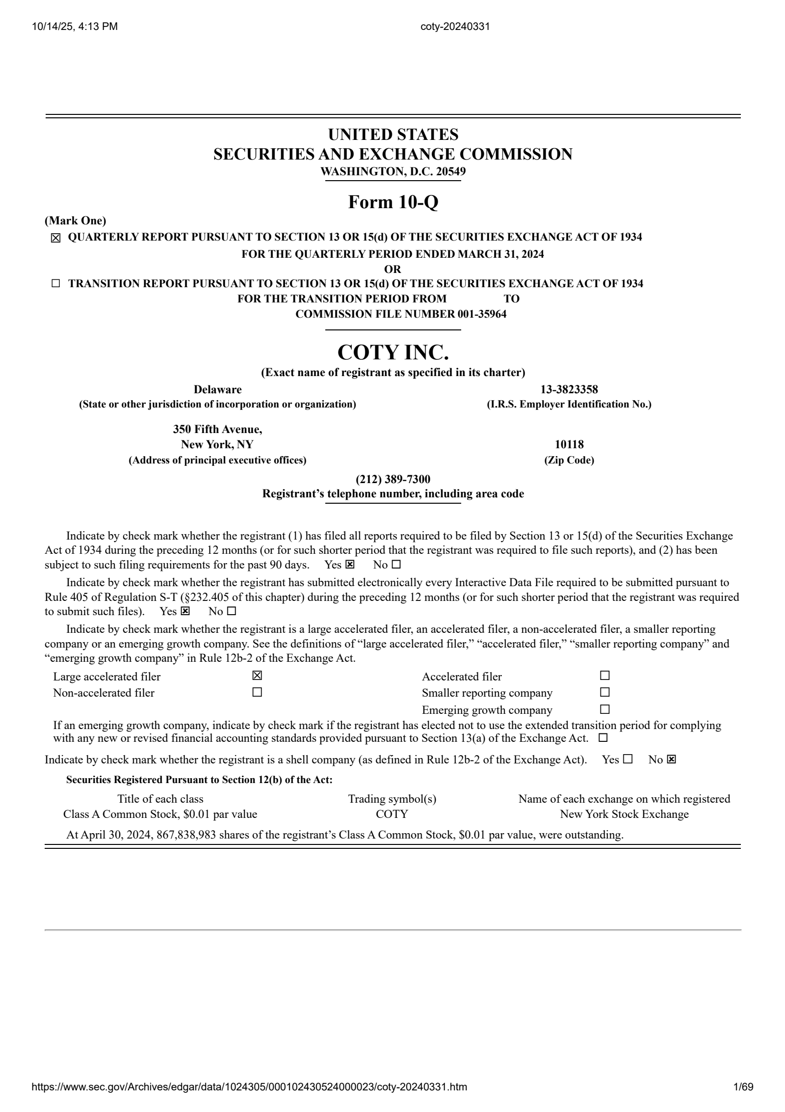 Coty's Q3 2024 Prepared Remarks Quarterly Report